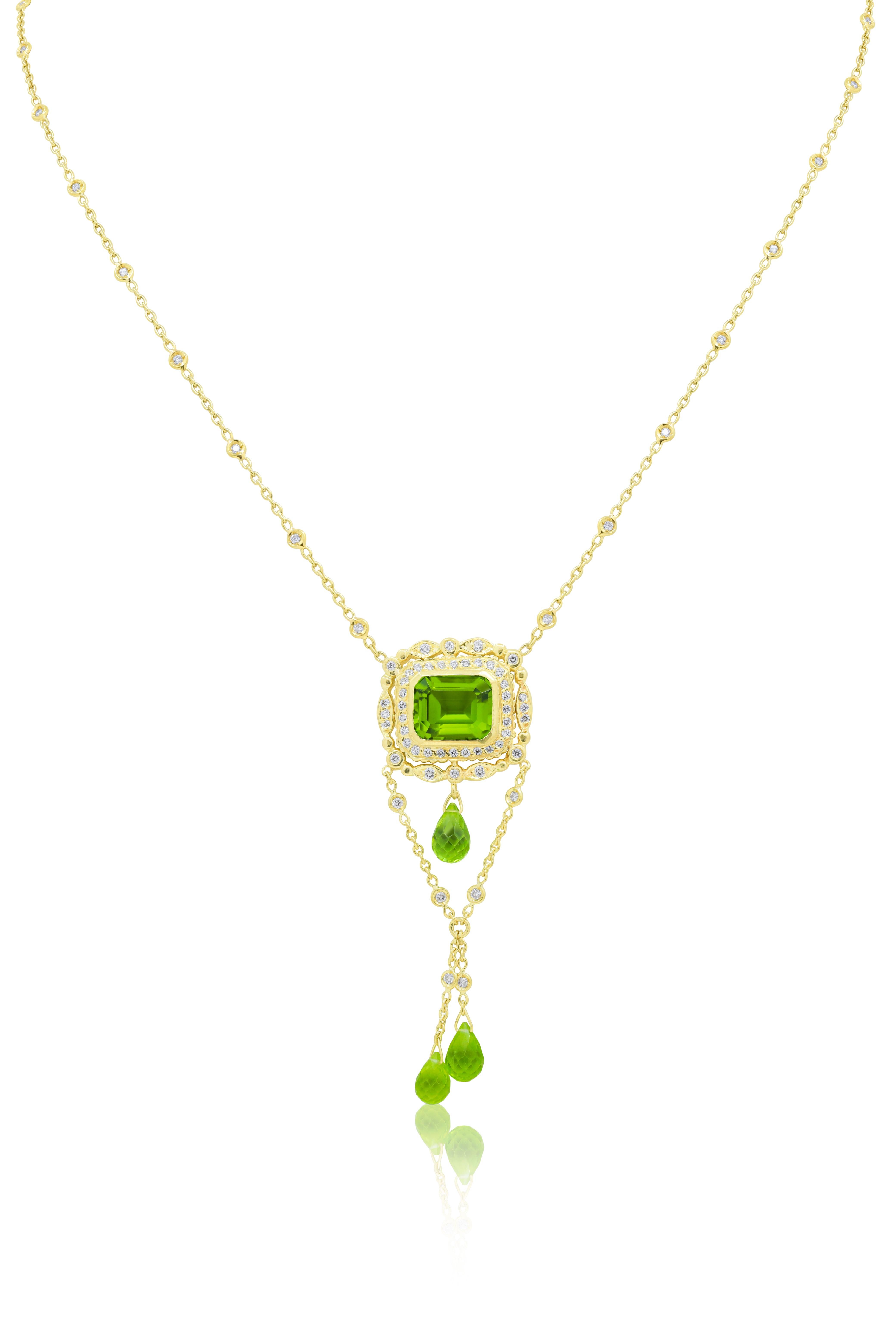 Emerald Cut Diana M. 18kt yellow gold diamond pendant with emerald cut peridot 8.00ct  For Sale