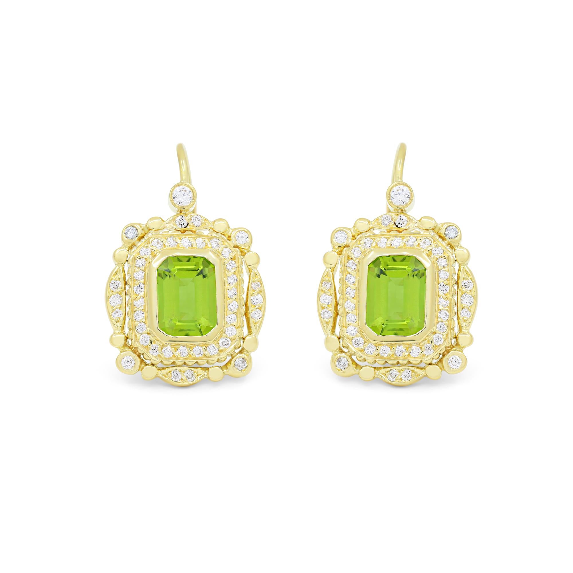 Emerald Cut Diana M. 18KT yellow gold diamond peridot earrings 5.00cts   For Sale