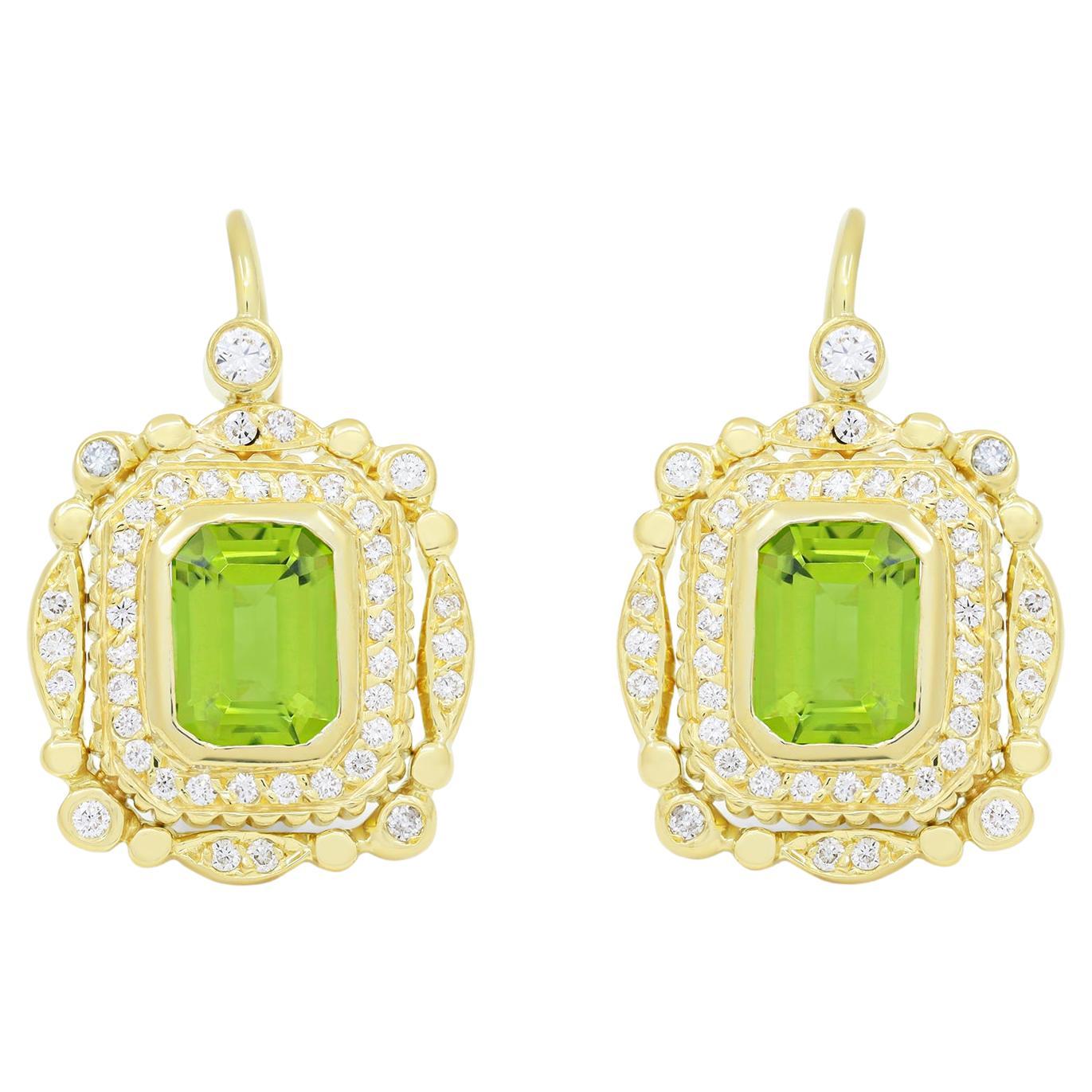 Diana M. 18KT yellow gold diamond peridot earrings 5.00cts   For Sale
