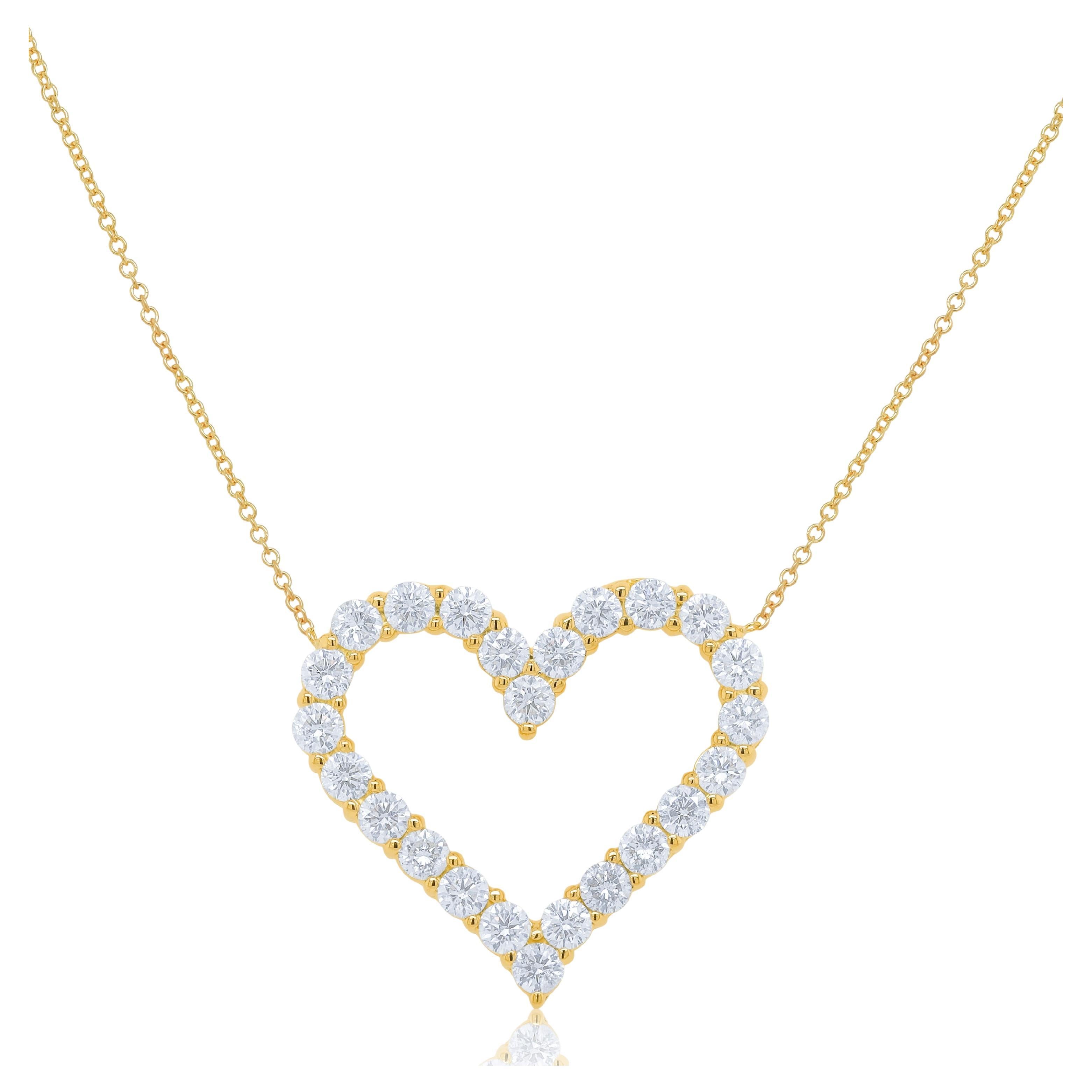Diana M. 18kt yellow gold open heart pendant featuring 2.50 cts of round diamond For Sale