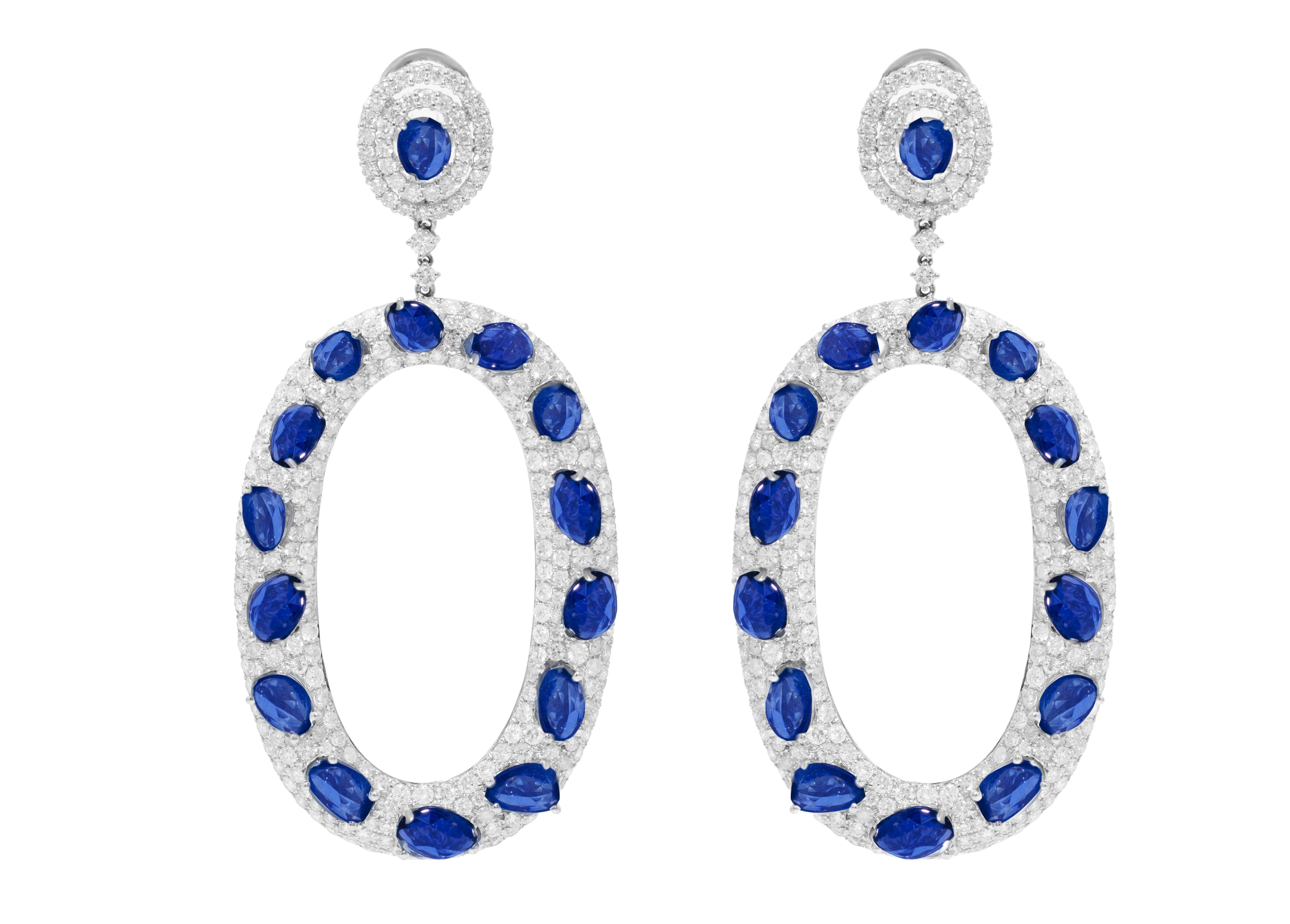 18kt white gold bagel fashion sapphire and diamond earrings, features 20.14 carats of sapphires. 11.13 carats of diamonds