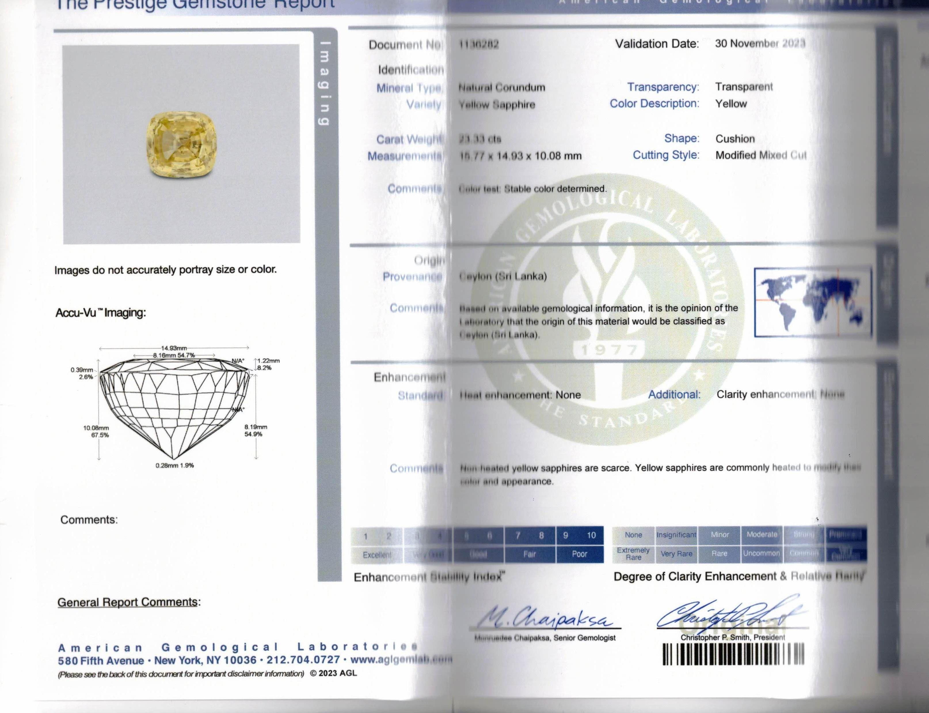 Taglio cuscino Diana M. 23,33ct Senza calore Zaffiro Giallo Sri Lanka Con Brillante 2,00cts Plat in vendita