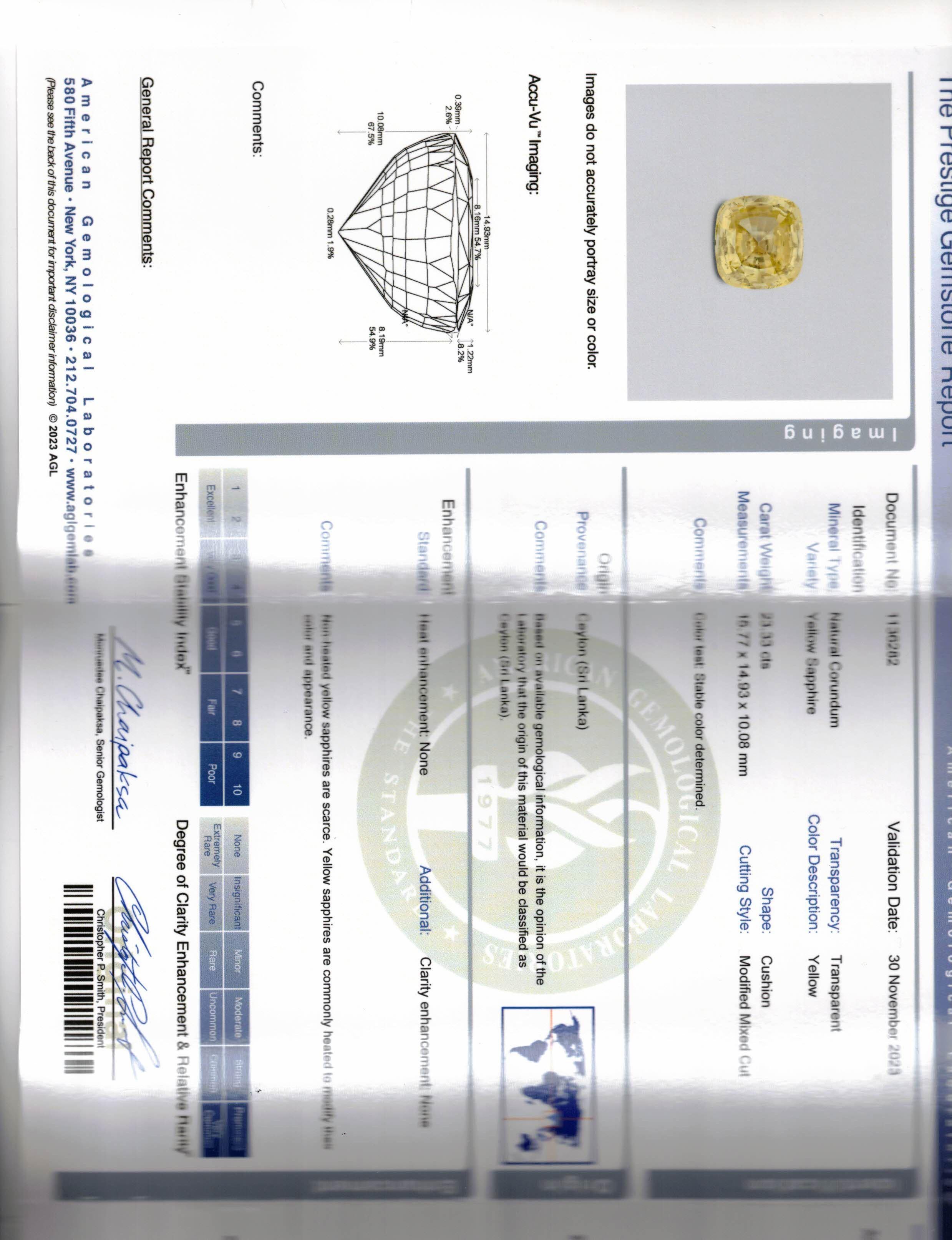 Diana M. 23,33 Karat unbehandelter gelber Saphir Sri Lanka mit Trilliant 2,00 Karat Platte (Kissenschliff) im Angebot