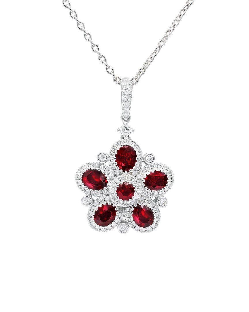Rose Cut Diana M. 2.42 Carat Ruby and Diamond Flower Shaped Pendant For Sale