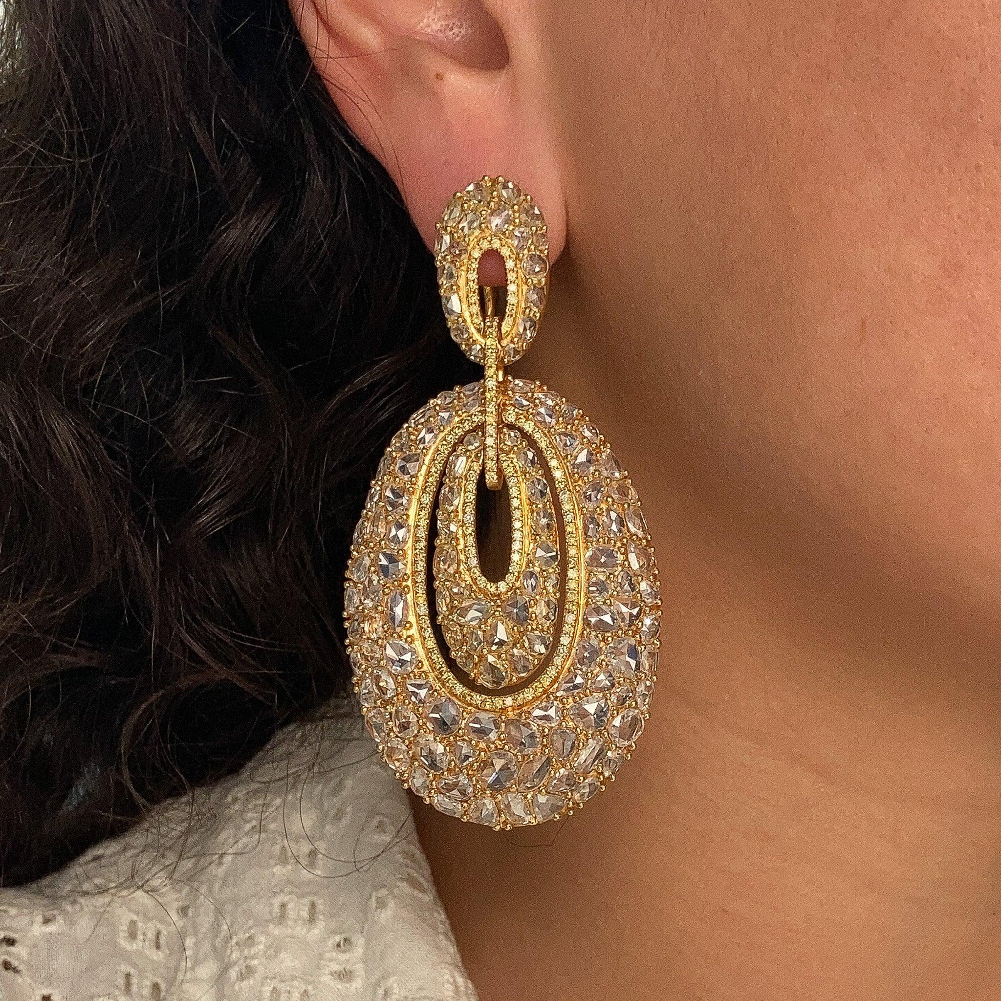 Contemporary Diana M.  24cts Rose Cut Diamond Chandelier Earrings, 18k G-H Color VS Clairty  For Sale