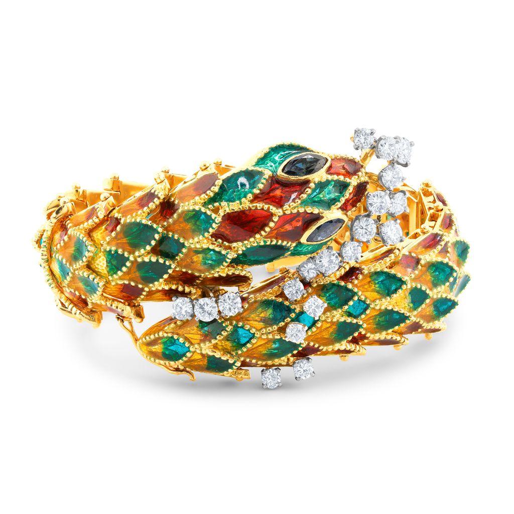 Round Cut Diana M 2.50 Ct Diamond and Enamel Gold Art Deco Style Bracelet For Sale