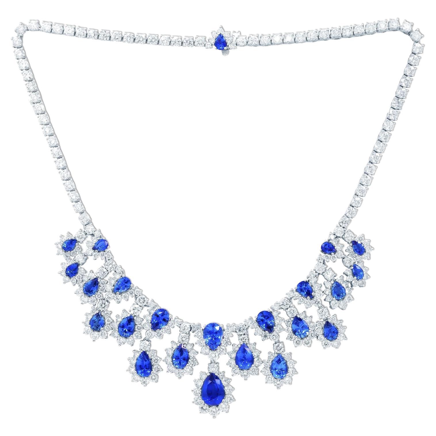 Diana M. 27.36 Carat Pear Cut Sapphire and Diamond Necklace For Sale
