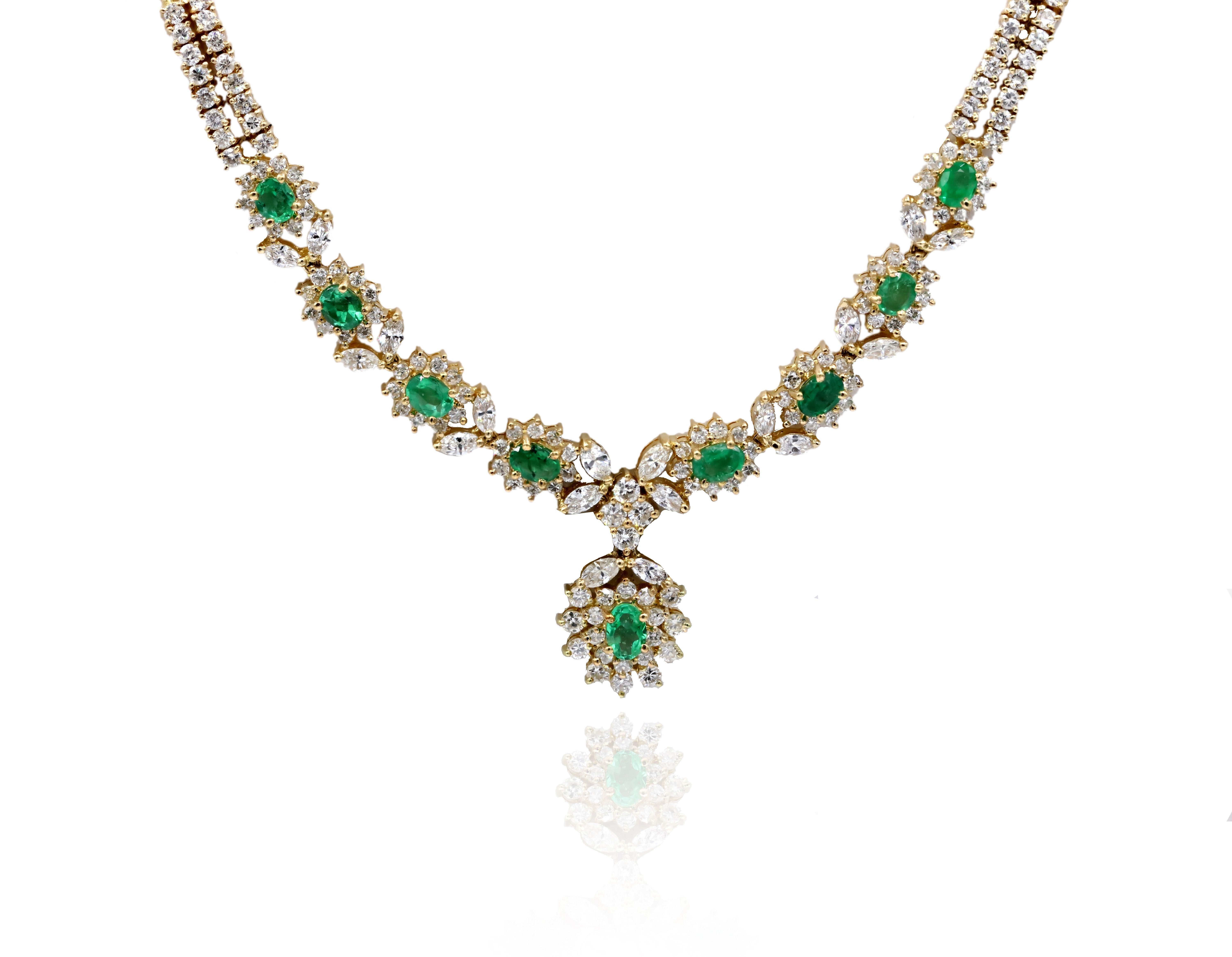 Oval Cut Diana M. 3.60 Carat Emerald and Diamond Necklace in Yellow Gold For Sale