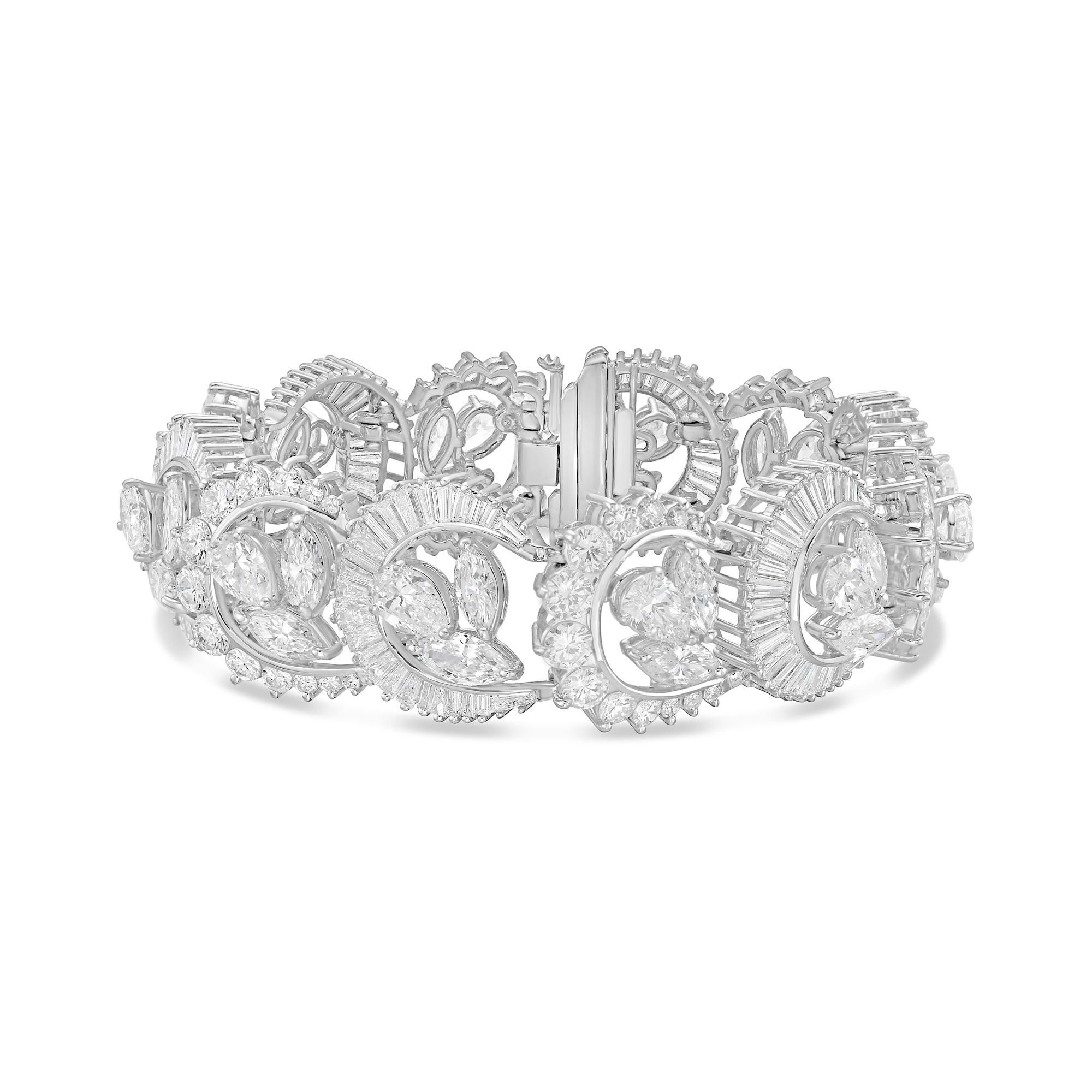 Platinum diamond fashion bracelet featuring 37.00 cts of half-moon, round, baguette, pear, and marquise diamonds
Diana M. is a leading supplier of top-quality fine jewelry for over 35 years.
Diana M is one-stop shop for all your jewelry shopping,