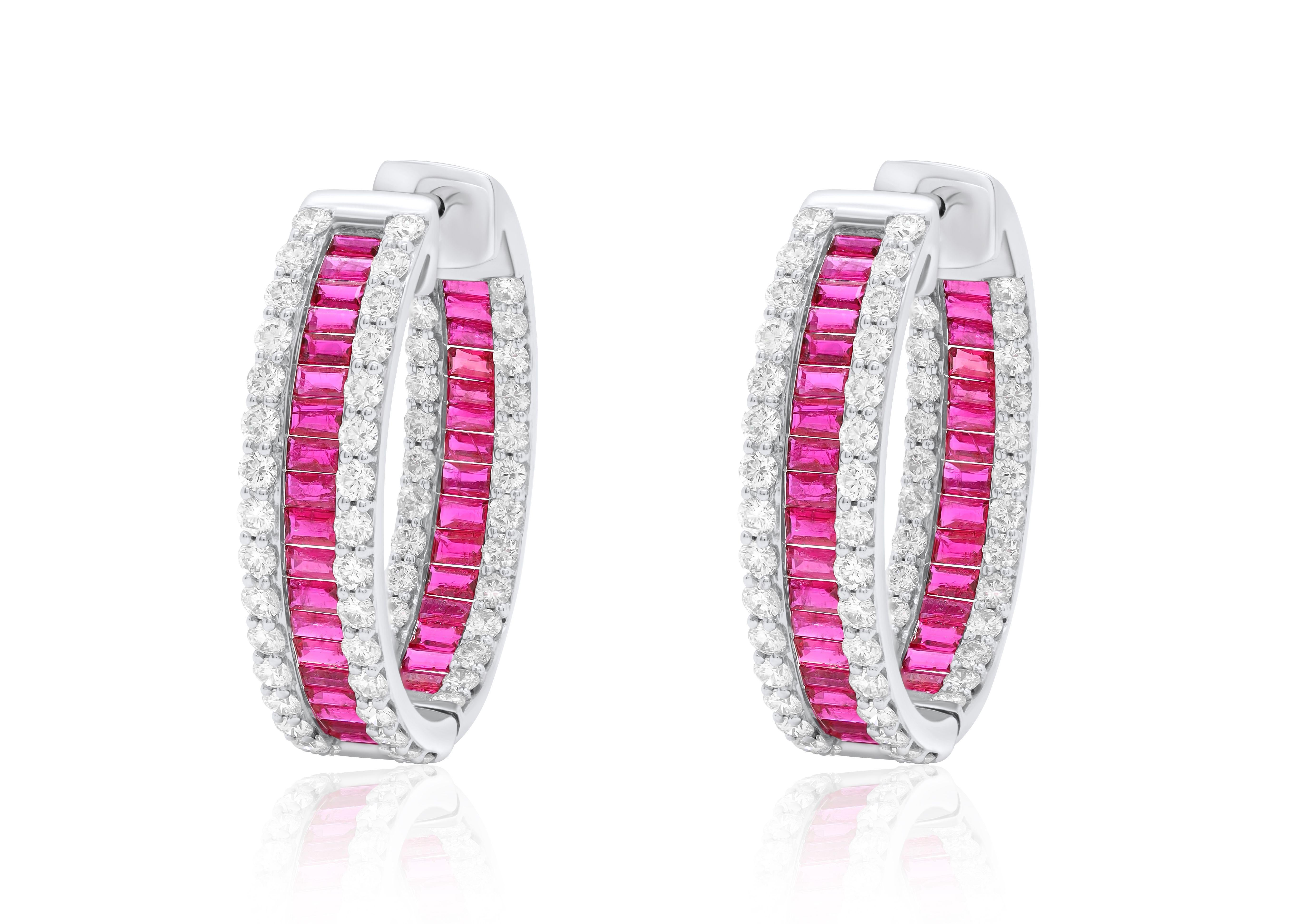 14kt white gold fashion earring hoops rubies 4.25cts 37 stones with 3.63cts diamonds 116 stones