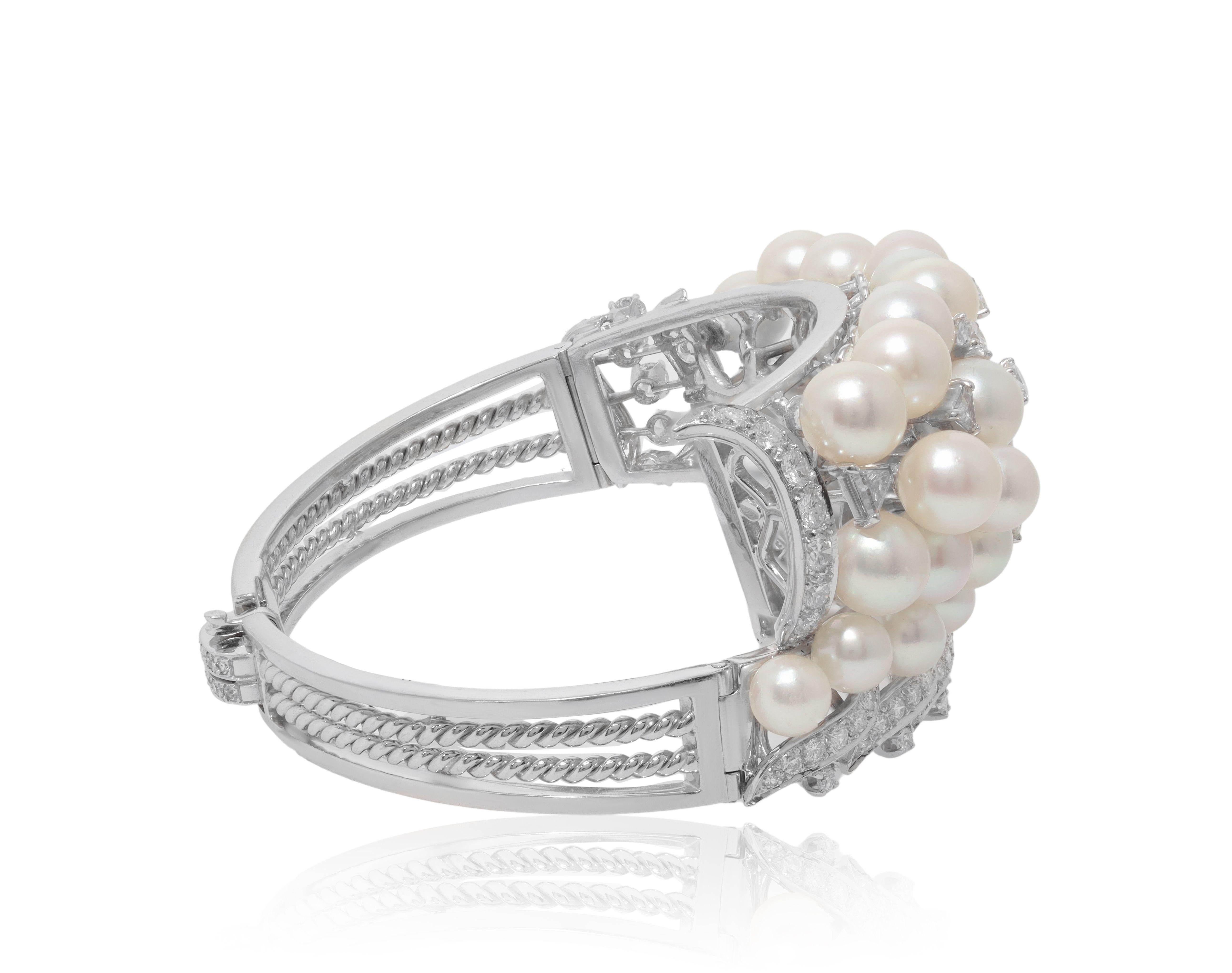 Art Deco Diana M 5.00cts Diamond & Pearl Antique Bangle in 18kt White Gold For Sale