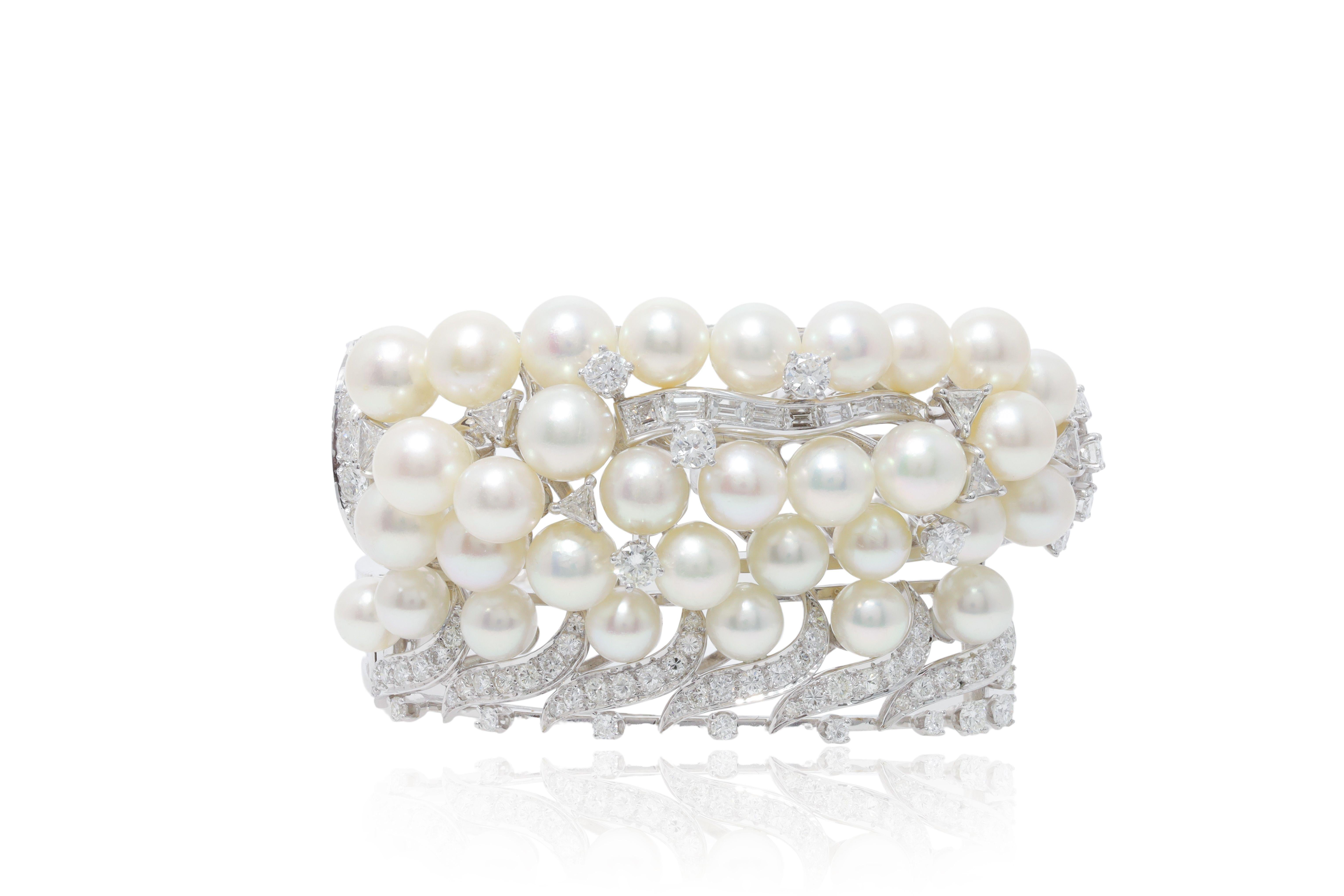 Round Cut Diana M 5.00cts Diamond & Pearl Antique Bangle in 18kt White Gold For Sale