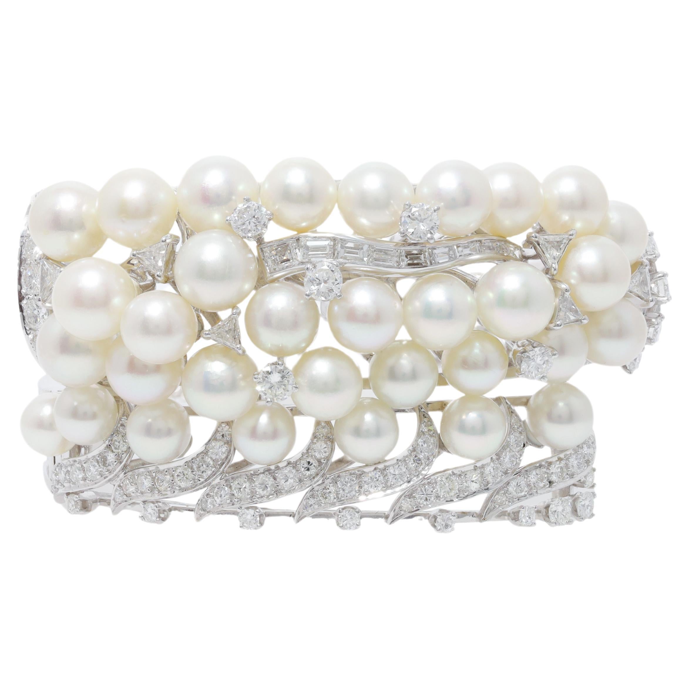 Diana M 5.00cts Diamond & Pearl Antique Bangle in 18kt White Gold For Sale