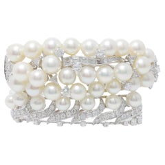 Diana M 5,00cts Diamante e Perla Bangle Antico in Oro Bianco 18kt
