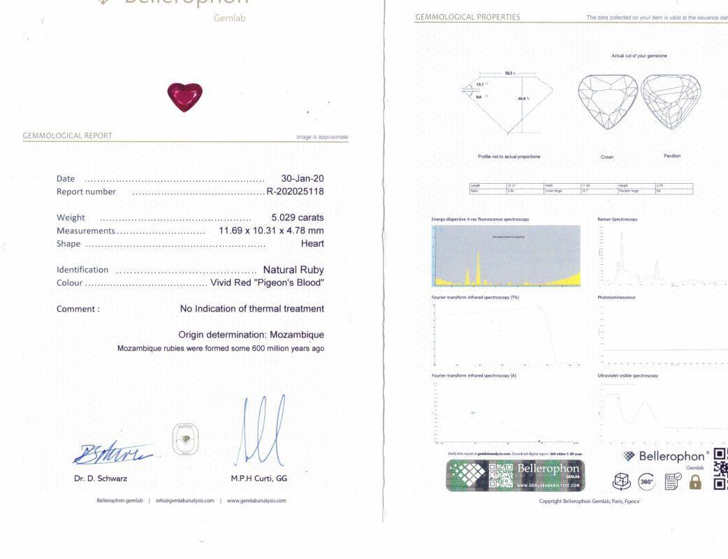 18KT White gold 5.02 TS Natural diamond heart Belleropon gemlab certified report #R-202025118 with total 5.00 CTS diamonds around.   