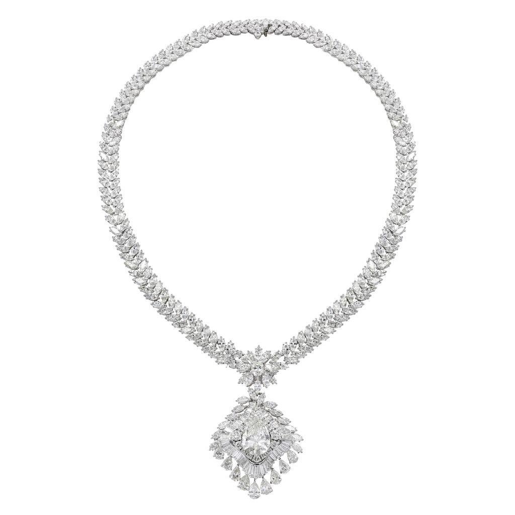 Modern Diana M 56.01cts Pear & Marquise Diamond Fashion Necklace in 18kt White Gold For Sale