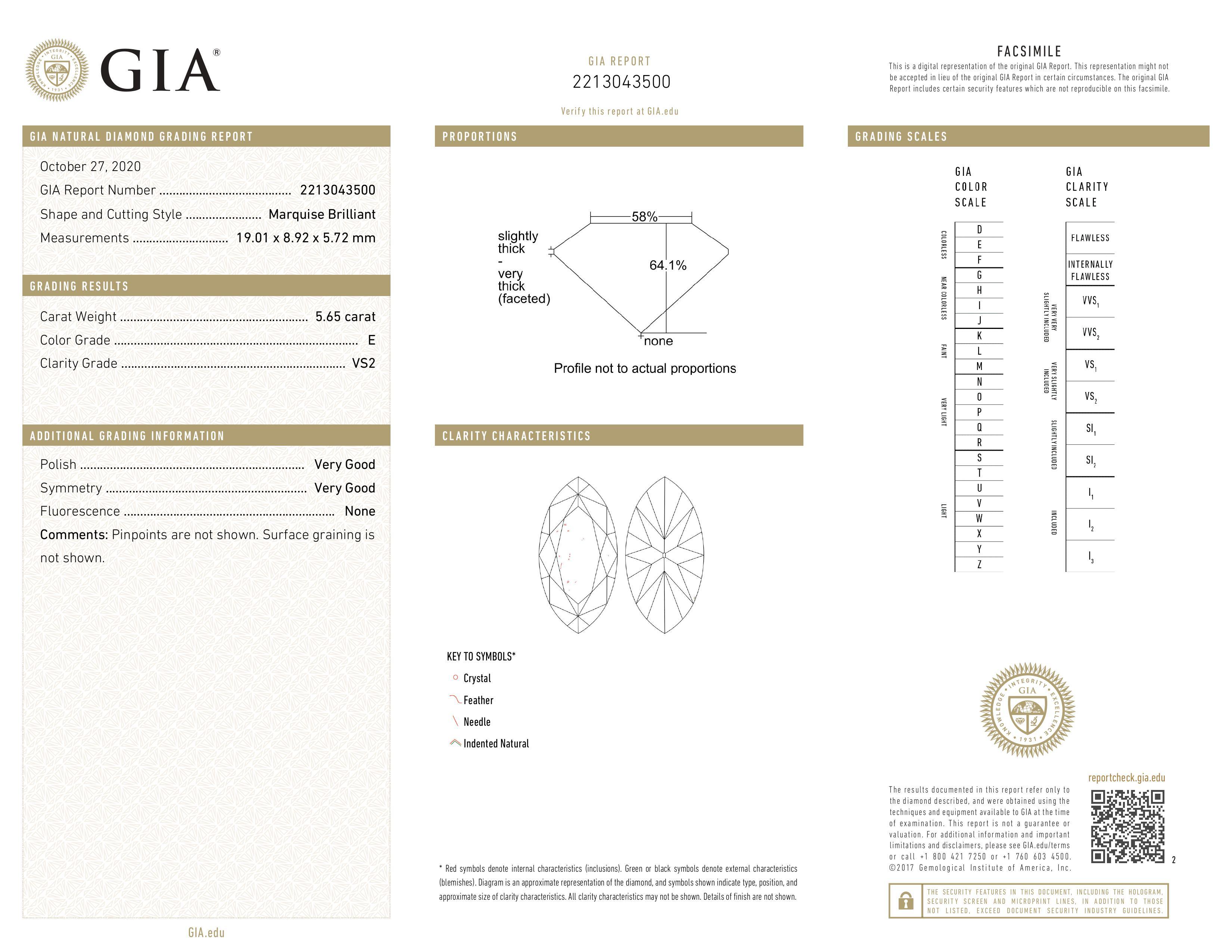 Diana M. 5.65 Carat E Color VS2 in Clarity Marquise Diamond Ring In New Condition For Sale In New York, NY