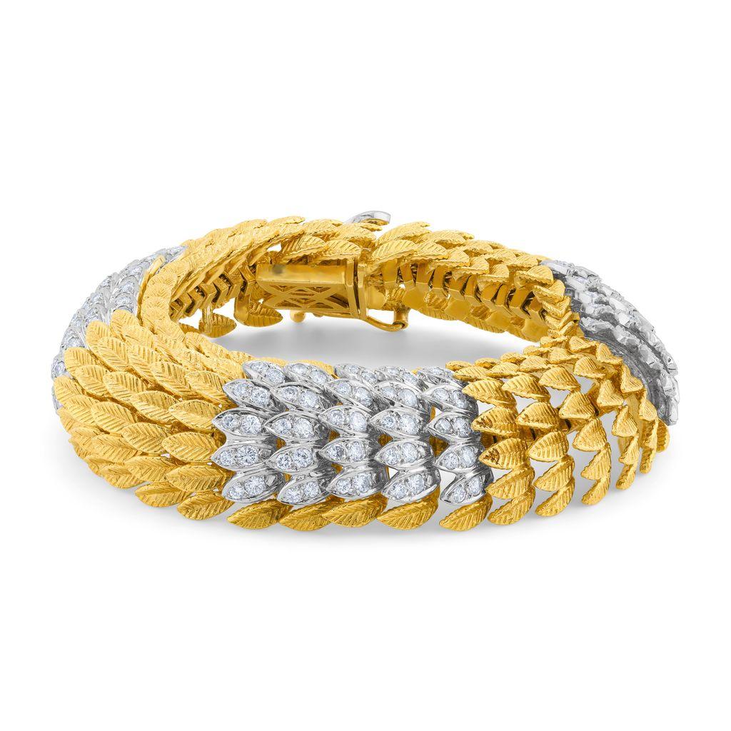 Round Cut Diana M 6.00 Ct Gold Leaf Art Deco Diamond Bracelet For Sale