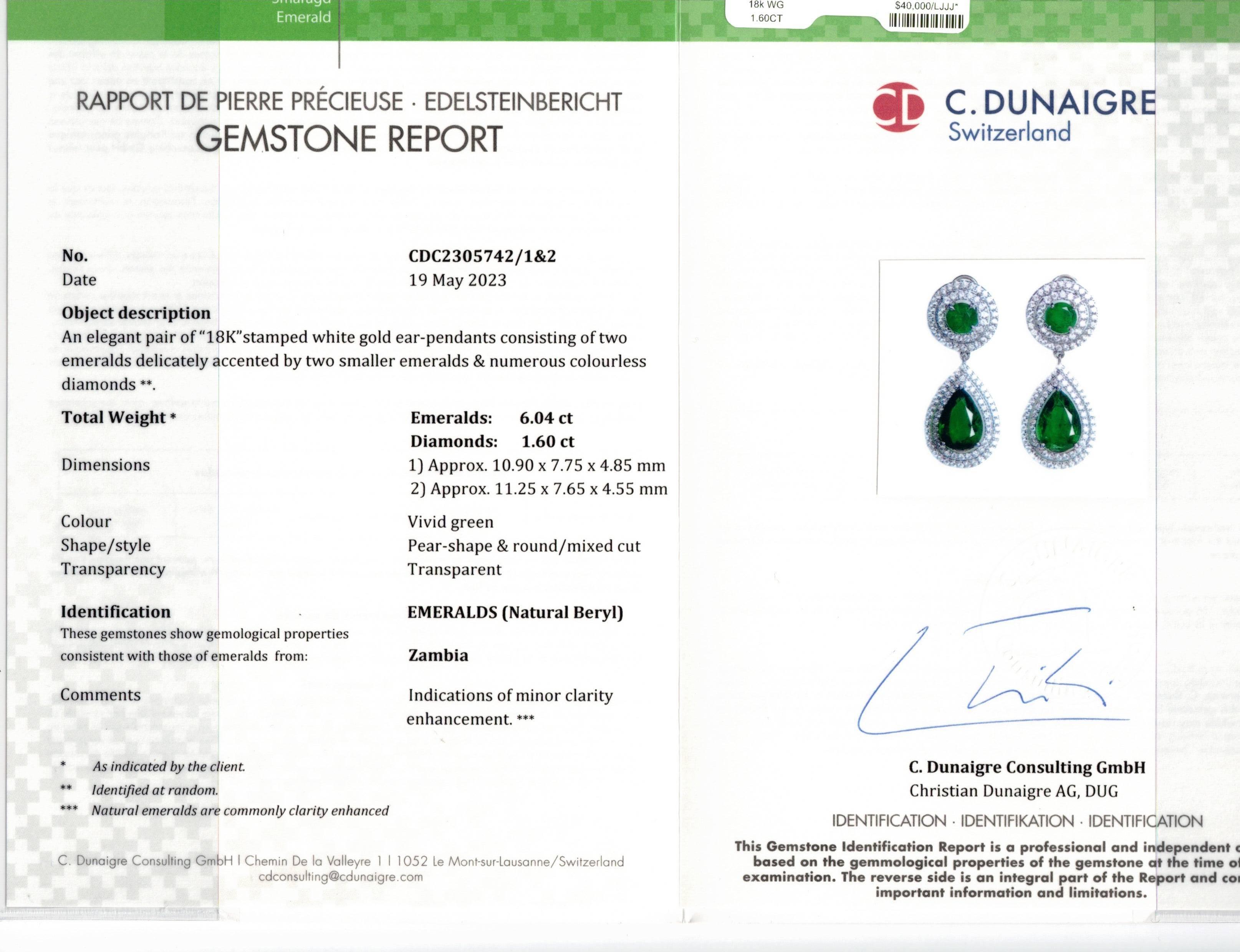 Pear Cut Diana M. 7.64Cts. Pear Shape and Emerals Earrings For Sale