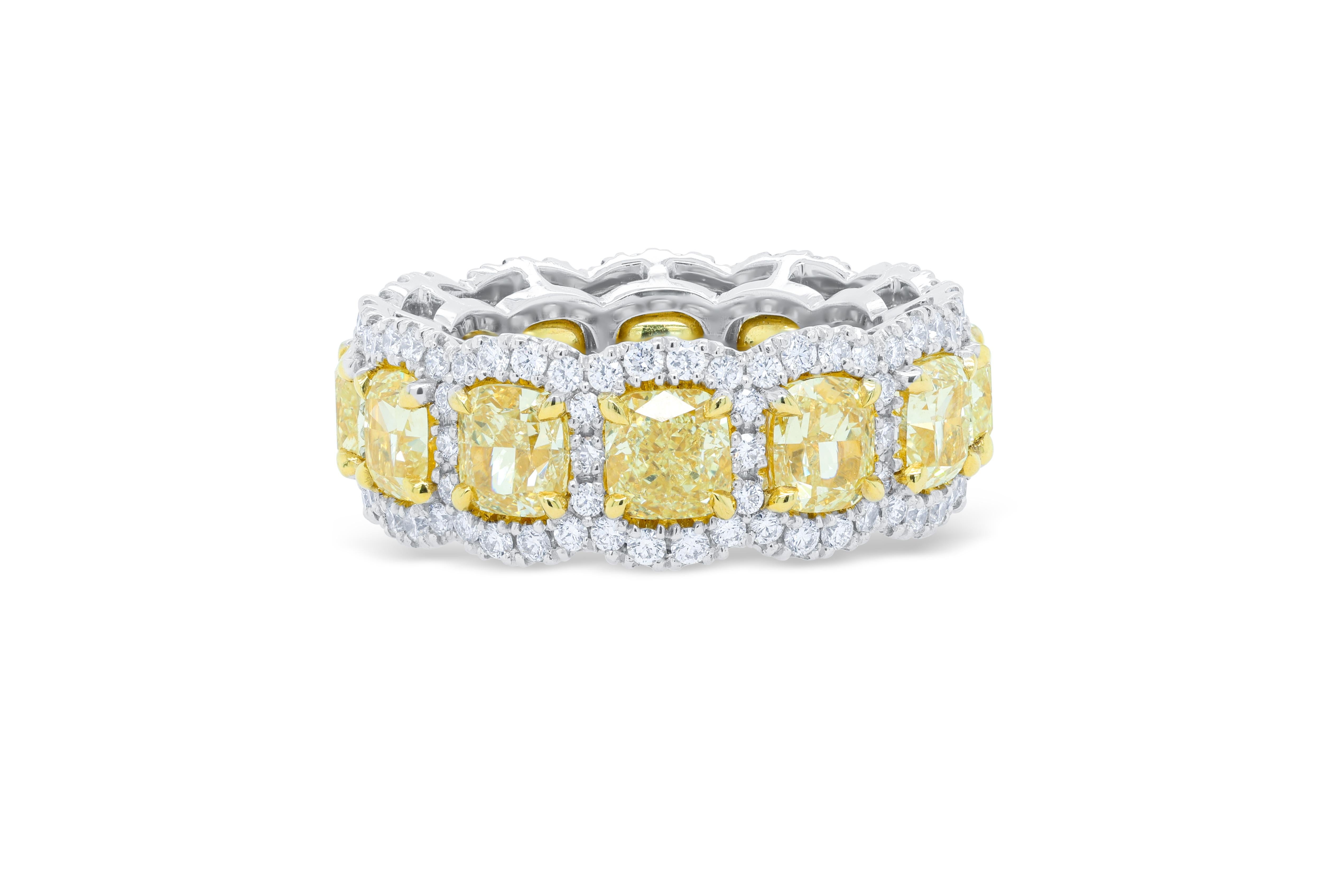 Cushion Cut Diana M 8.40Ct Yellow & 1.40Ct White Diamond Eternity Band in 18K WG & Platinum For Sale