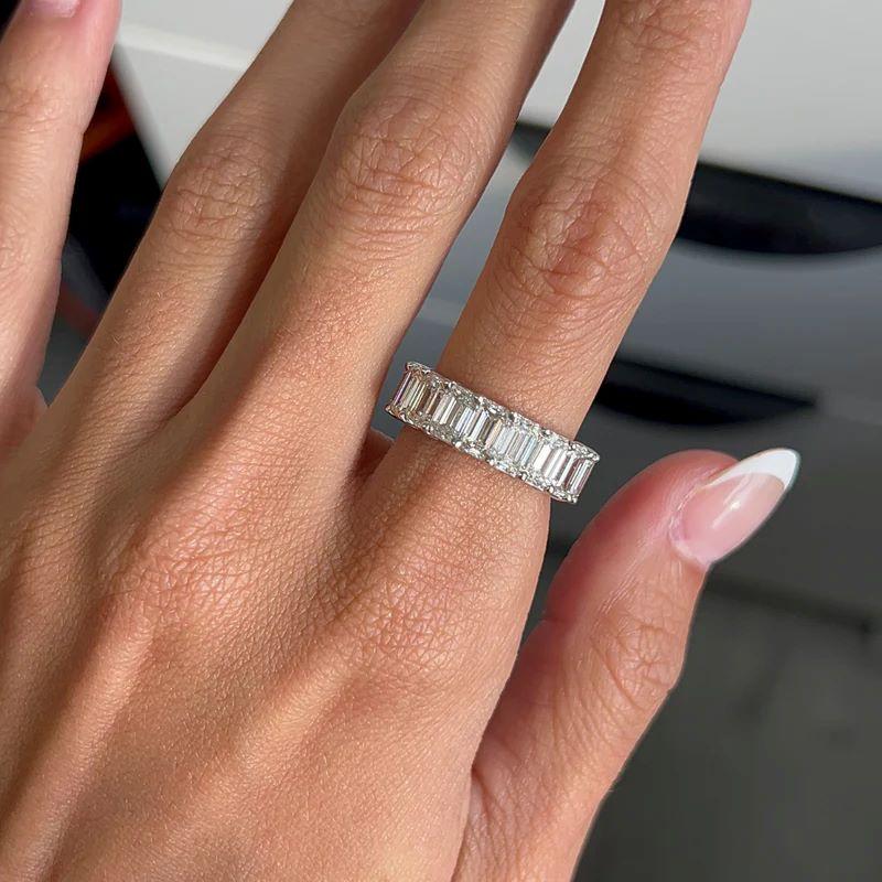 Women's or Men's Diana M. 9.05 Cts Emerald Cut Diamond Wedding Band in 18k White Gold For Sale