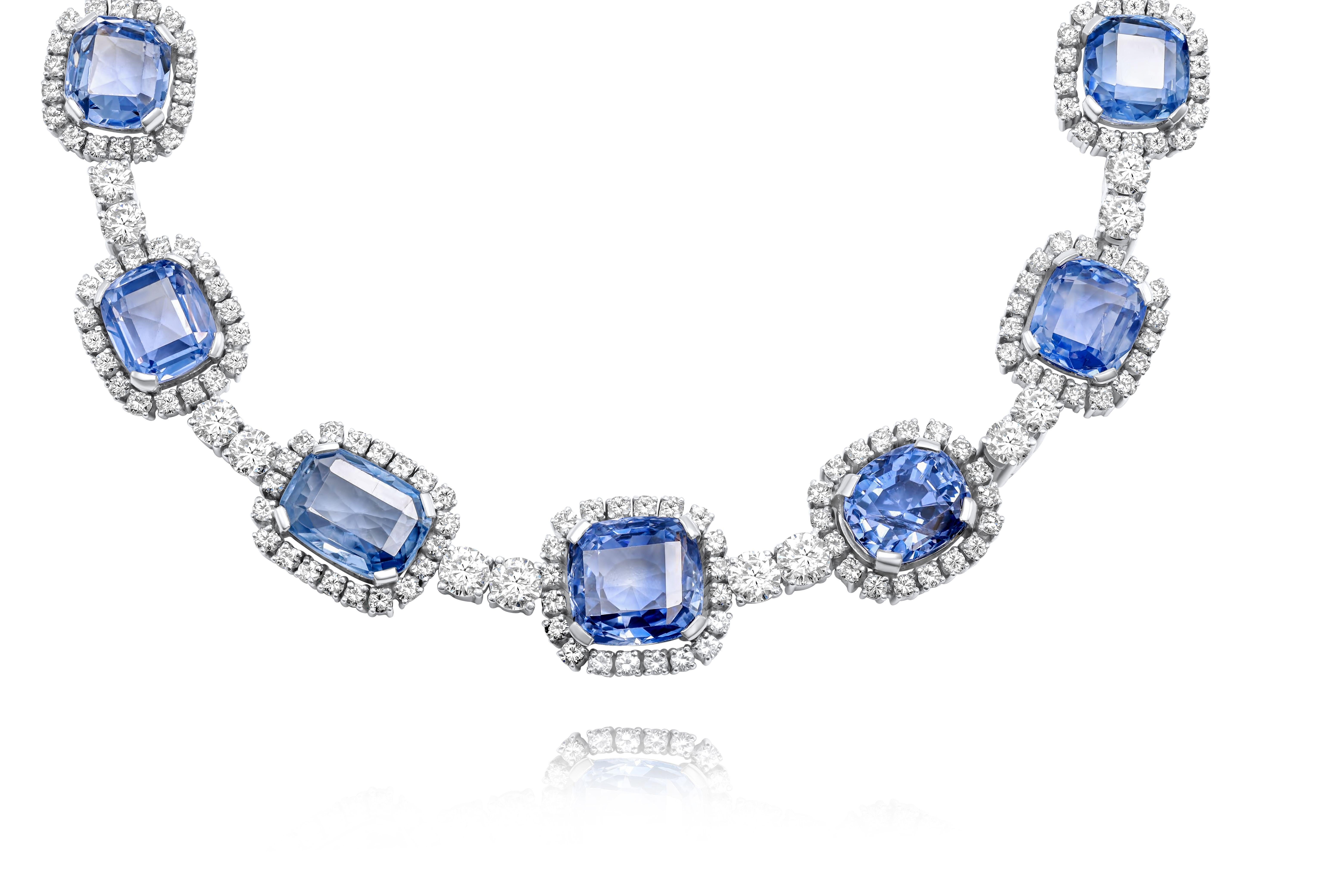 Cushion Cut Diana M. 96.47 Carat Unheated Sapphire and Diamond Necklace in White Gold For Sale