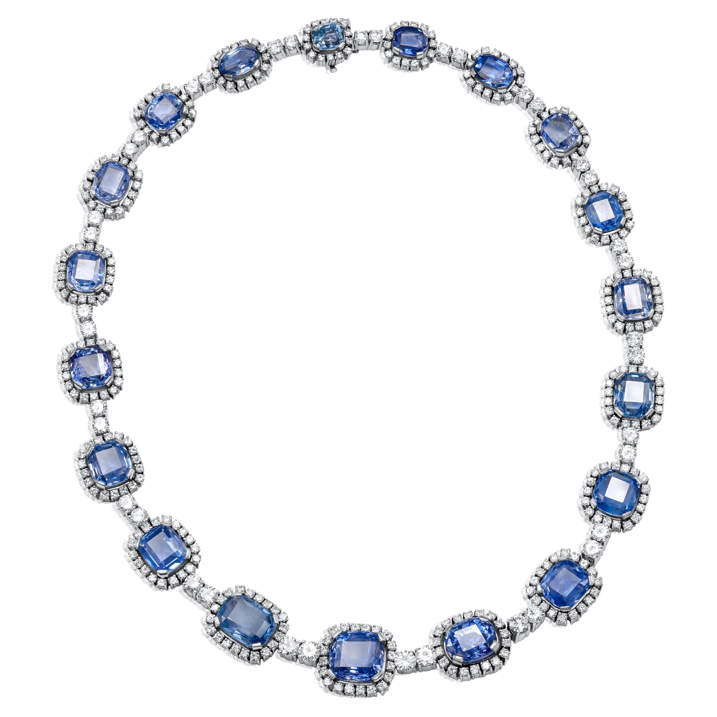 Diana M. 96.47 Carat Unheated Sapphire and Diamond Necklace in White Gold For Sale