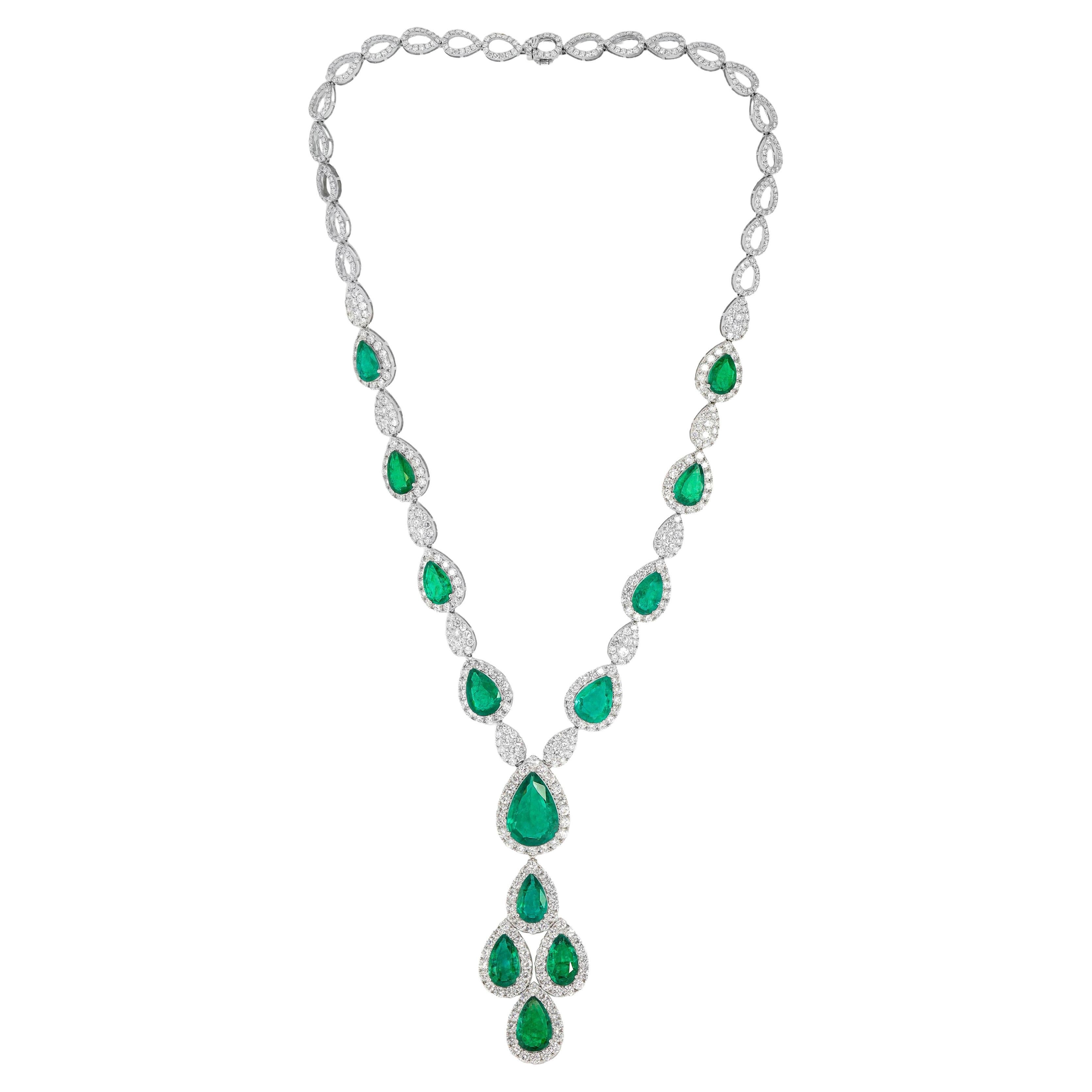 Diana M. Certified 32.19 Carat Emerald and Diamond Drop Necklace For Sale