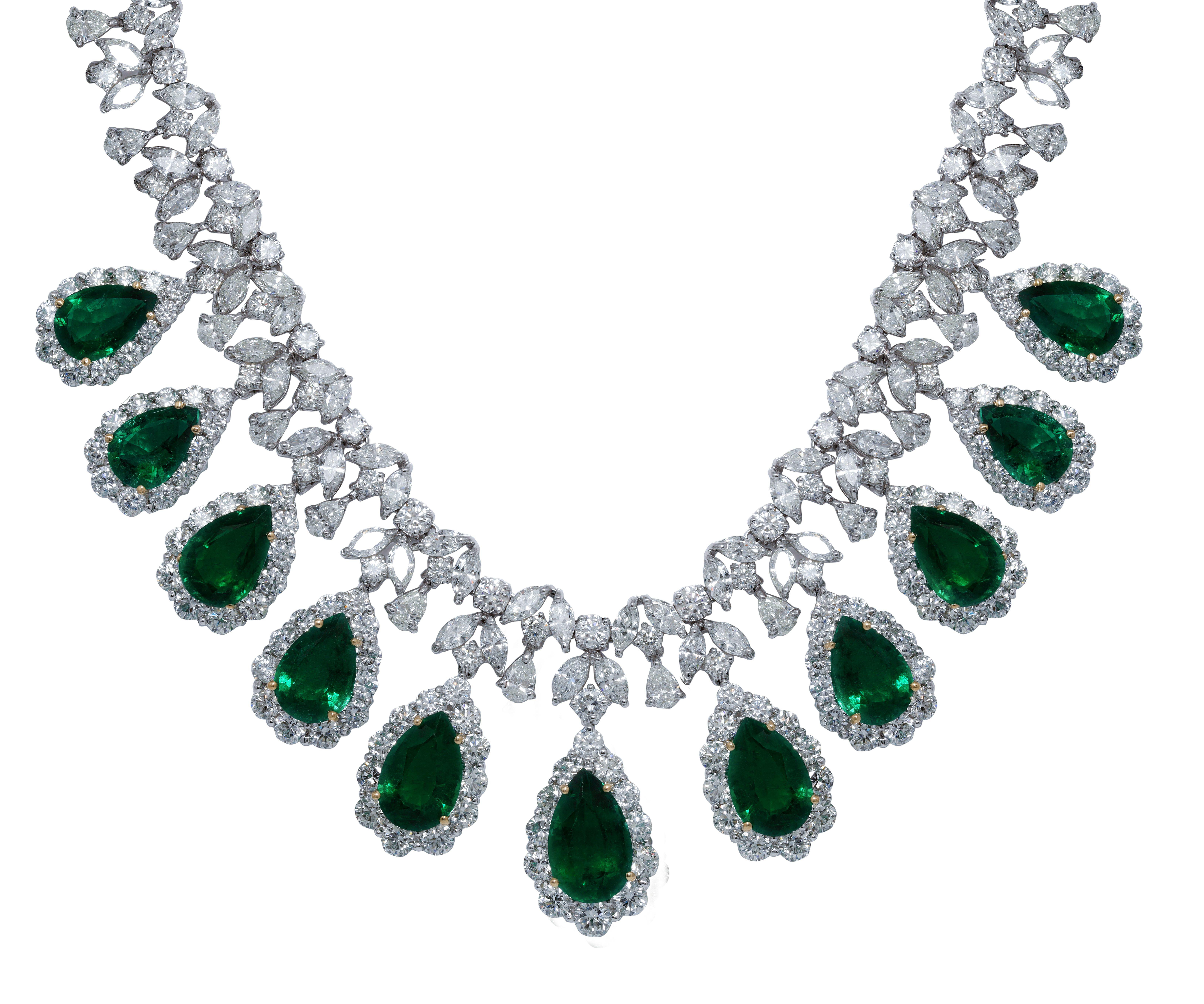Platinum fasion necklace 11 zambian pear shape emeralds 34.51 cts with 32.40 cts diamonds certified C. Dunaigre