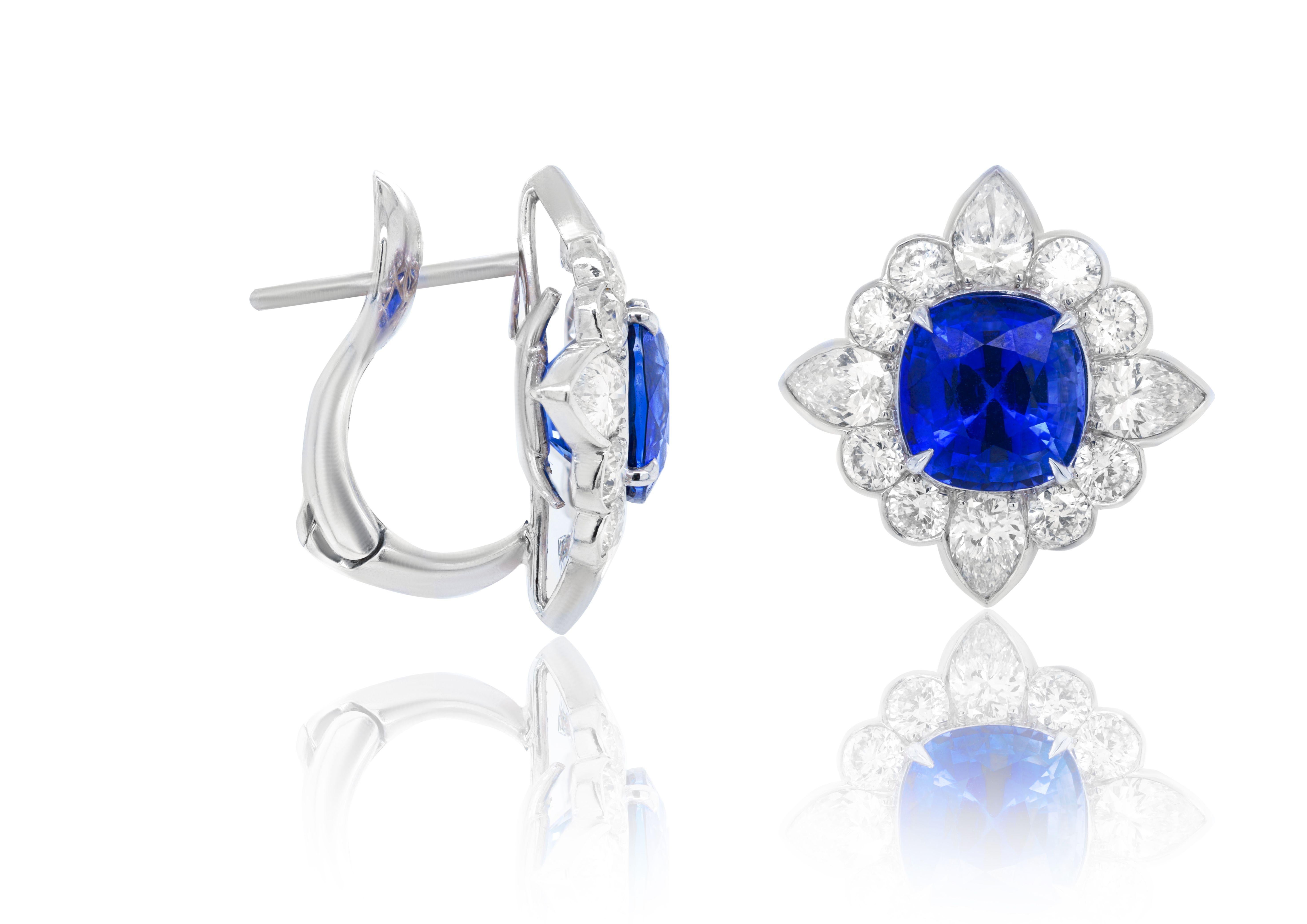 Cushion Cut Diana M. Certified 5.11 Carat Ceylon Sapphire and Diamond Stud Earrings For Sale