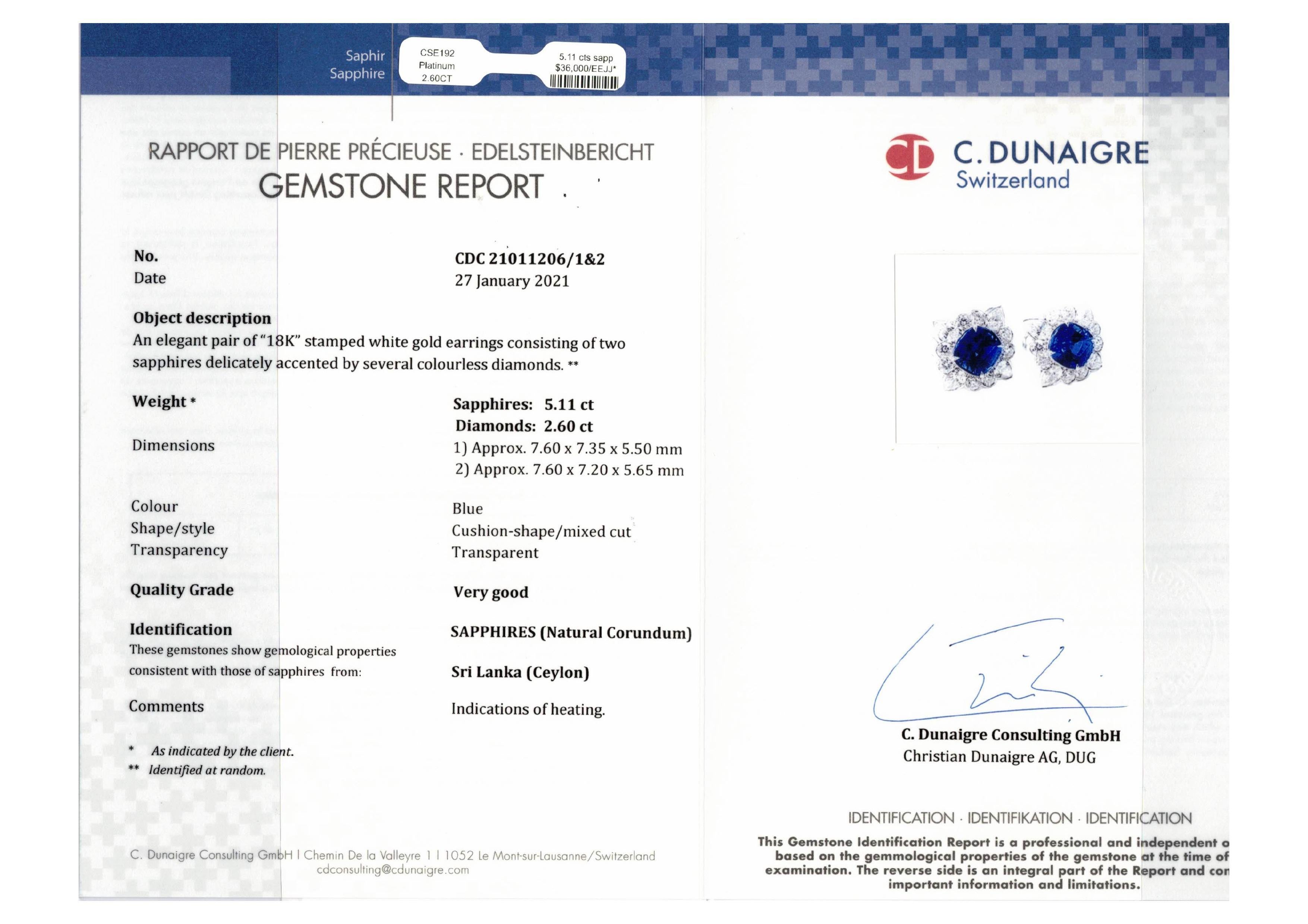 Donna Diana M. Orecchini con zaffiro di Ceylon e diamanti certificati da 5,11 carati in vendita