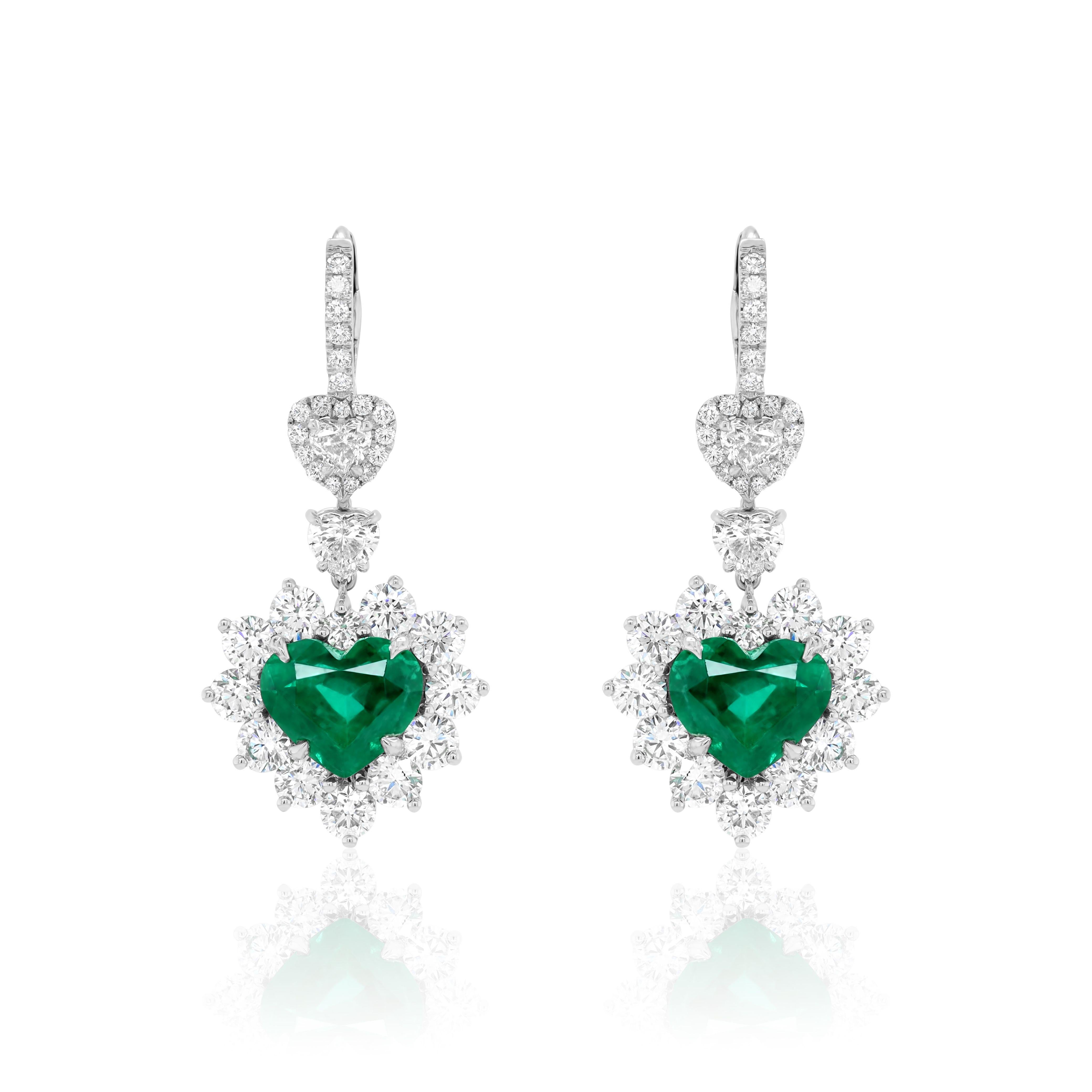 Heart Cut Diana M. Certified 8.16 Carat Heart Shaped Emerald Earrings For Sale