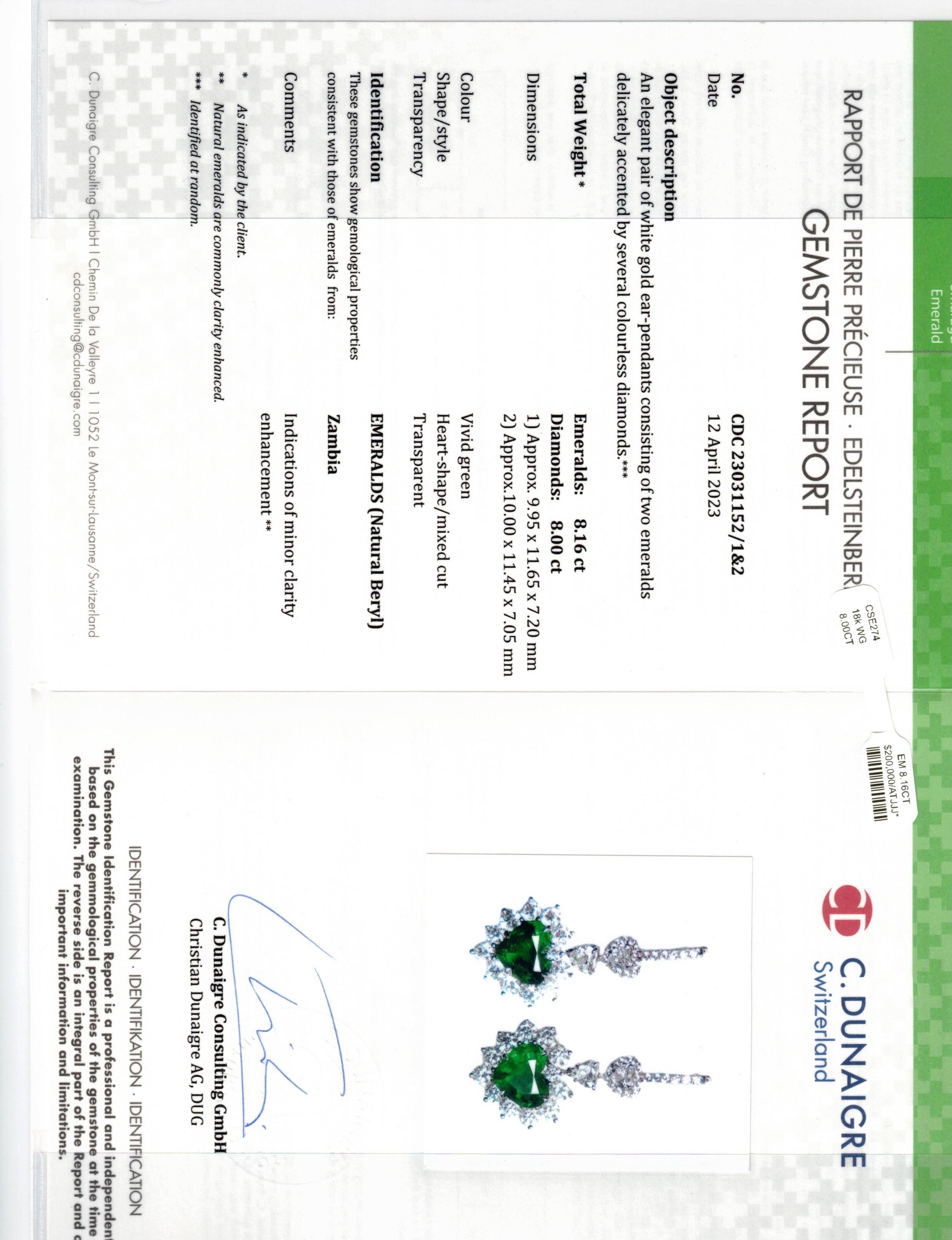 Diana M. Certified 8.16 Carat Heart Shaped Emerald Earrings In New Condition For Sale In New York, NY