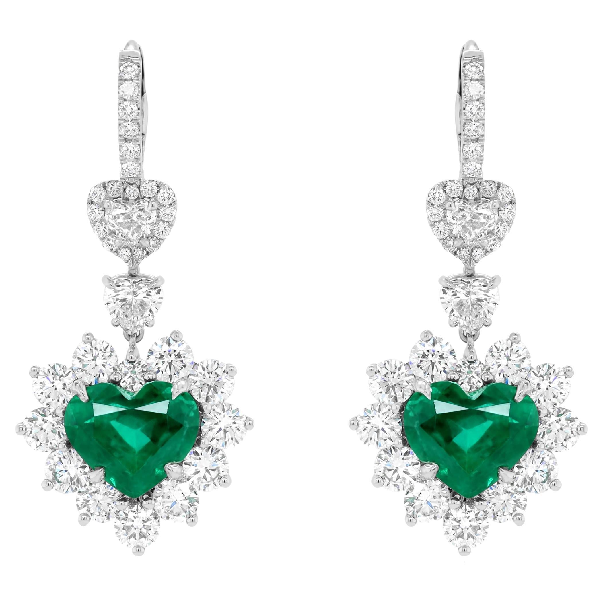 Diana M. Certified 8.16 Carat Heart Shaped Emerald Earrings For Sale