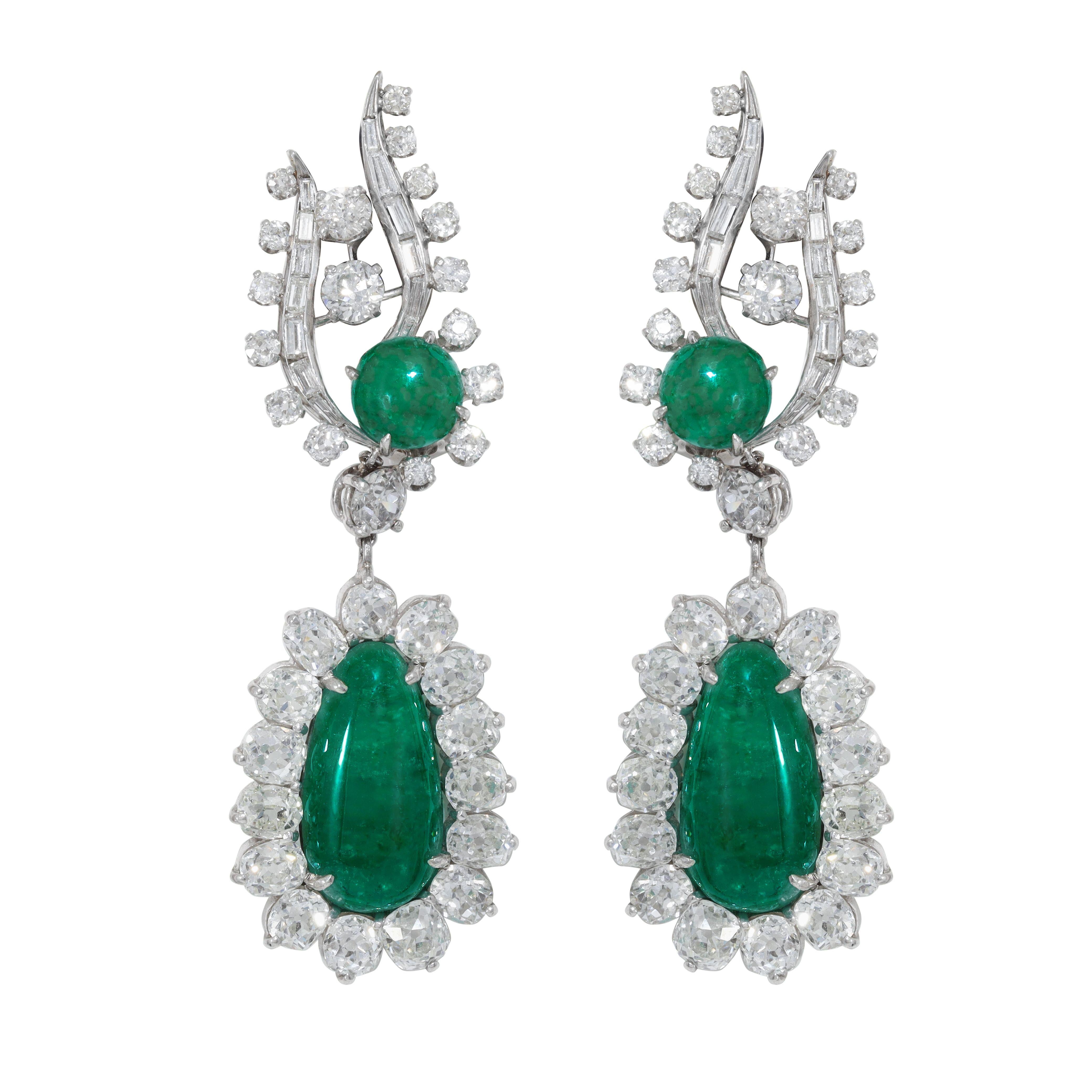 Luxurious French  Emerald Earrings. 18 Ct. of Natural cabochon Colombian Emeralds with 15.00 Ct. round and cushion shaped diamonds, European Cut.