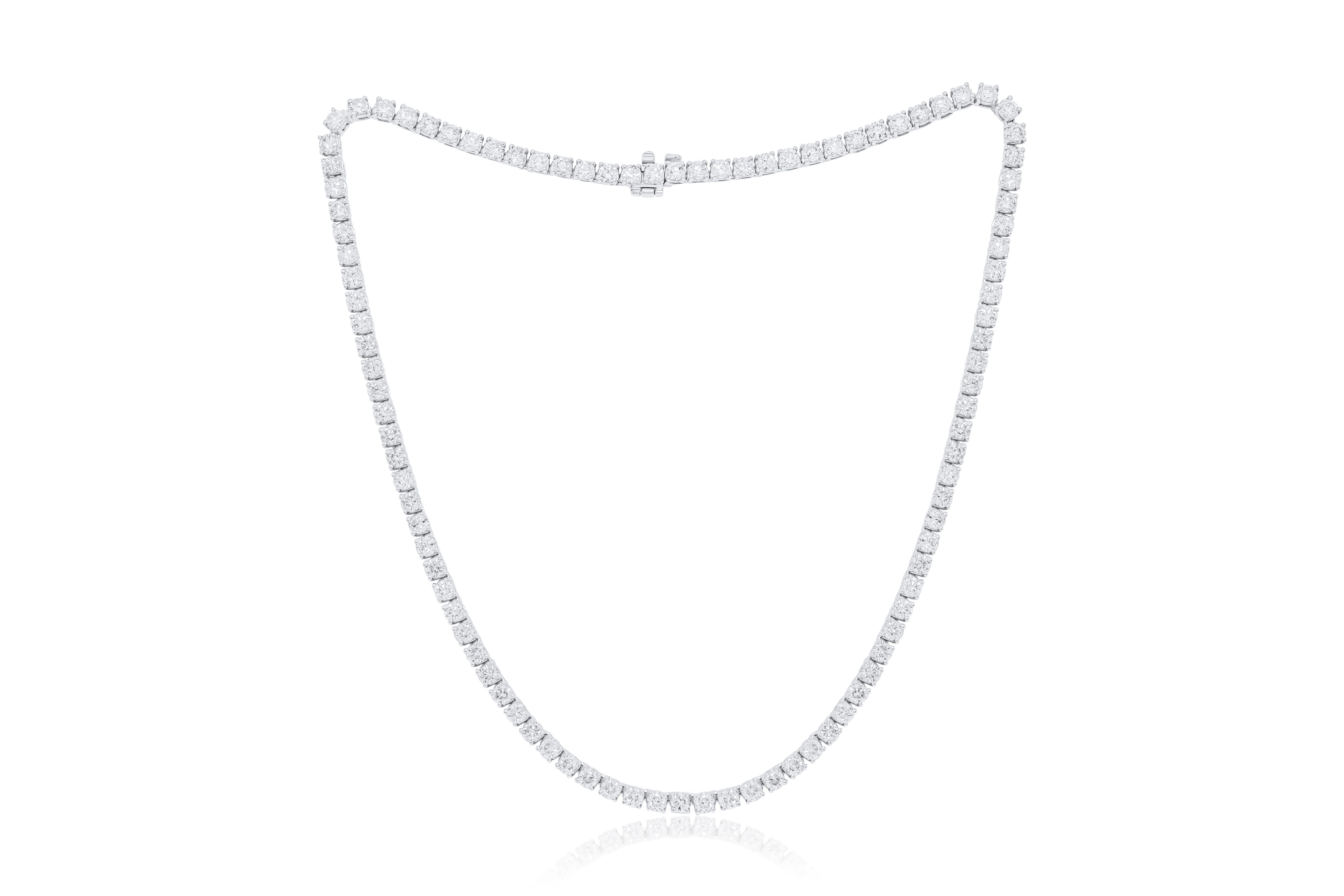 Modern Diana M. Custom 12.00 Cts Round 4 Prong Diamond 18k White Gold Tennis Necklace  For Sale