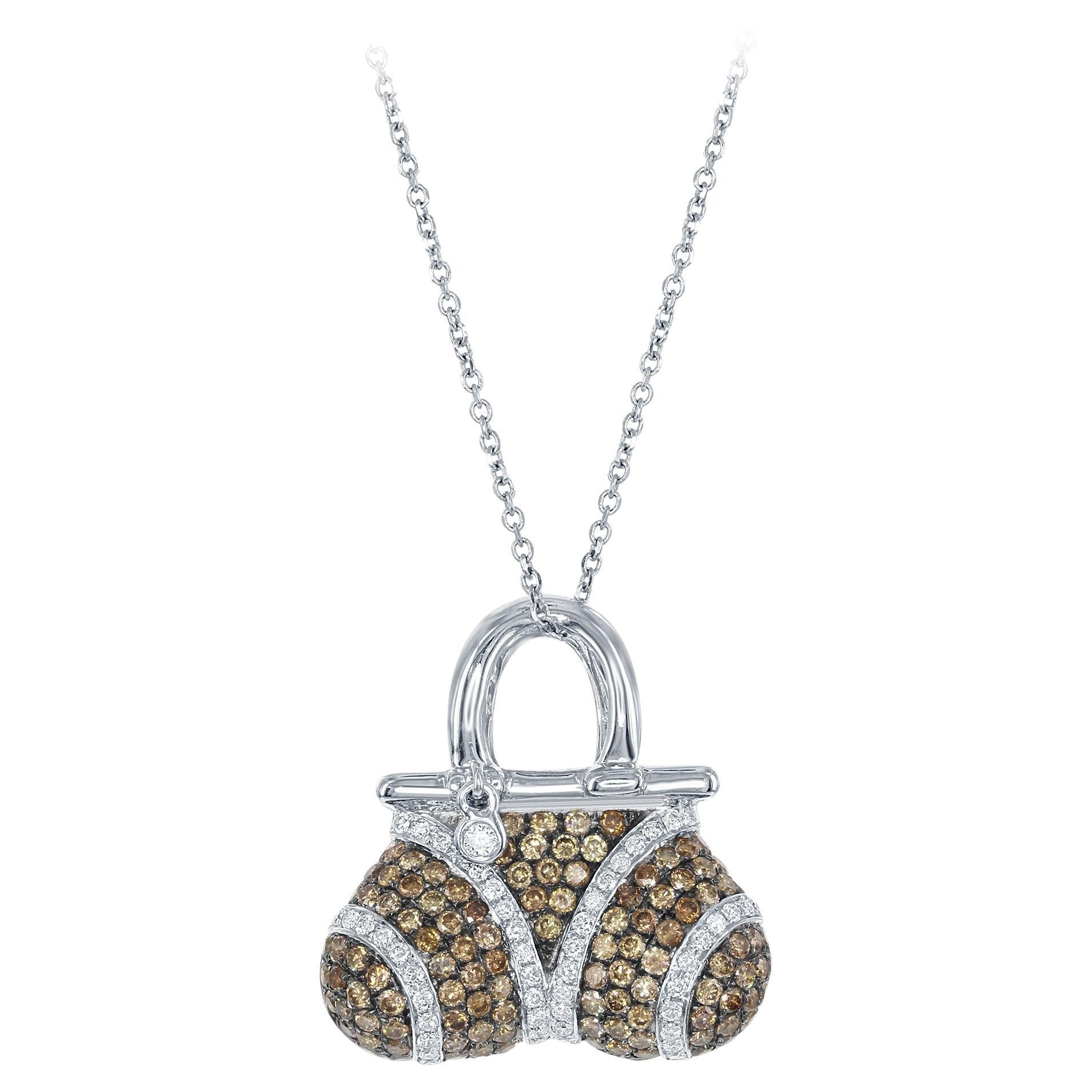 Diana M. Custom 1.30 Cts Diamond Purse Shape Pendant 18K White Gold