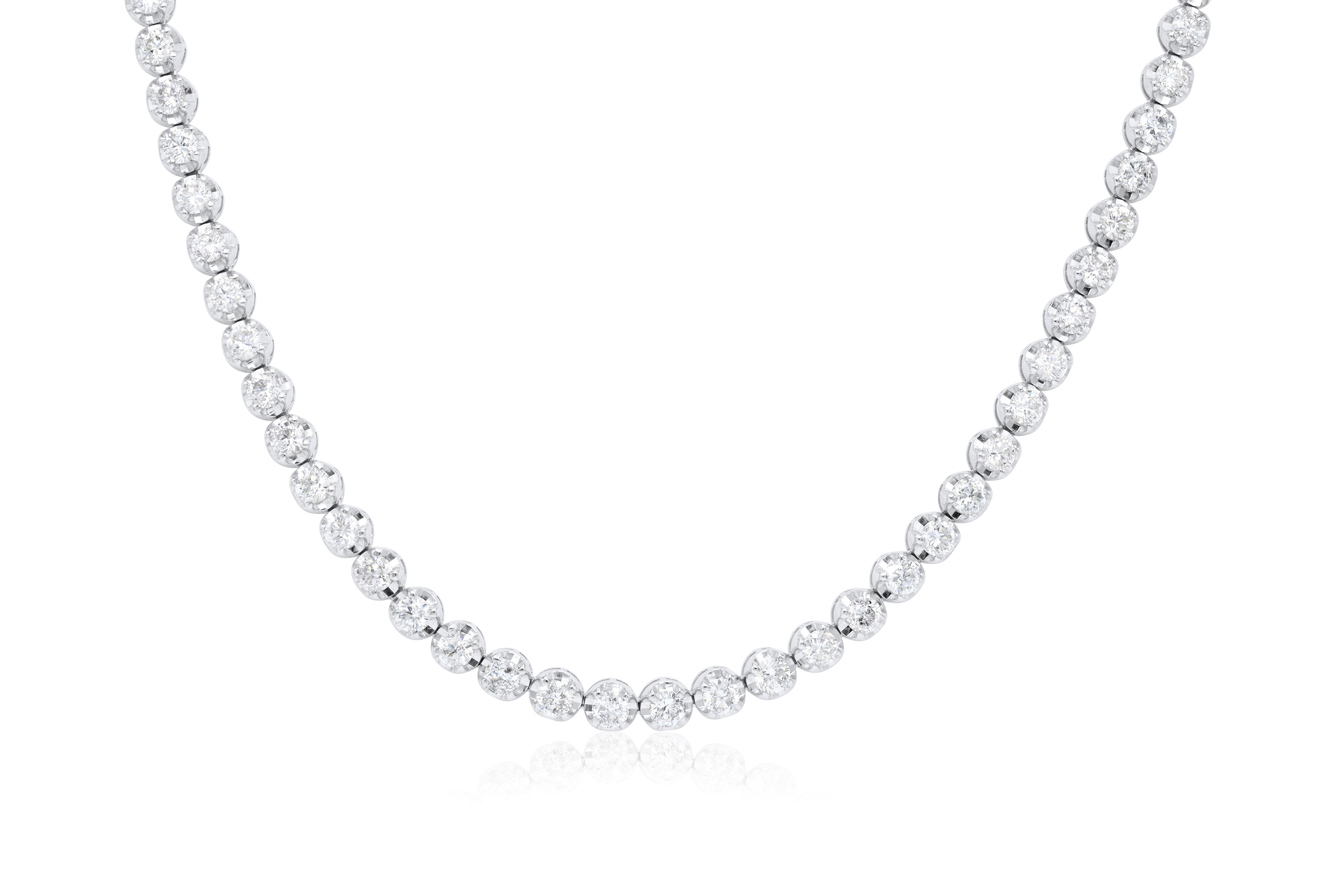 Round Cut Diana M, Custom 14.00 cts Round 4 Prong Diamond 18K White Gold Tennis Necklace For Sale