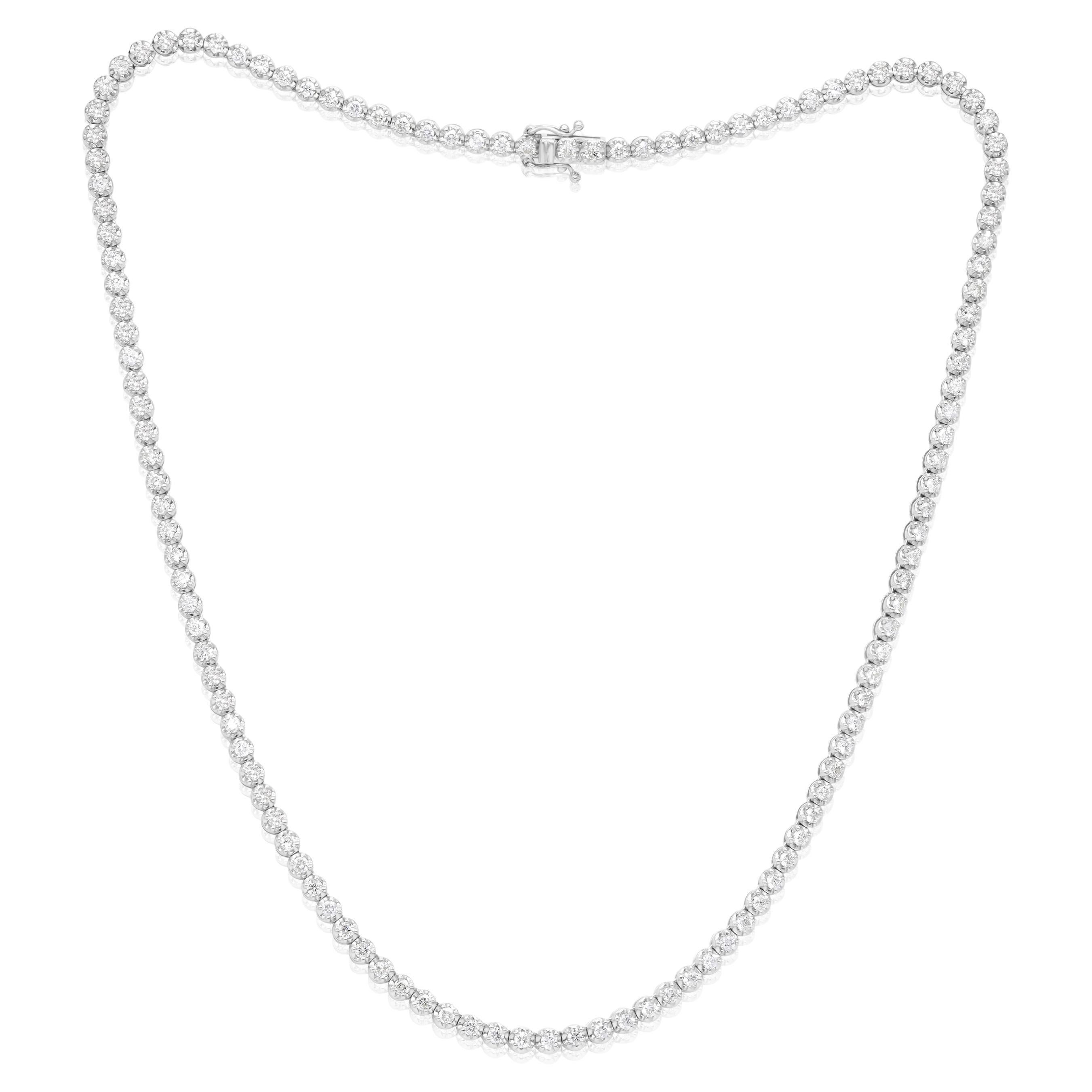 Diana M, Custom 14.00 cts Round 4 Prong Diamond 18K White Gold Tennis Necklace For Sale