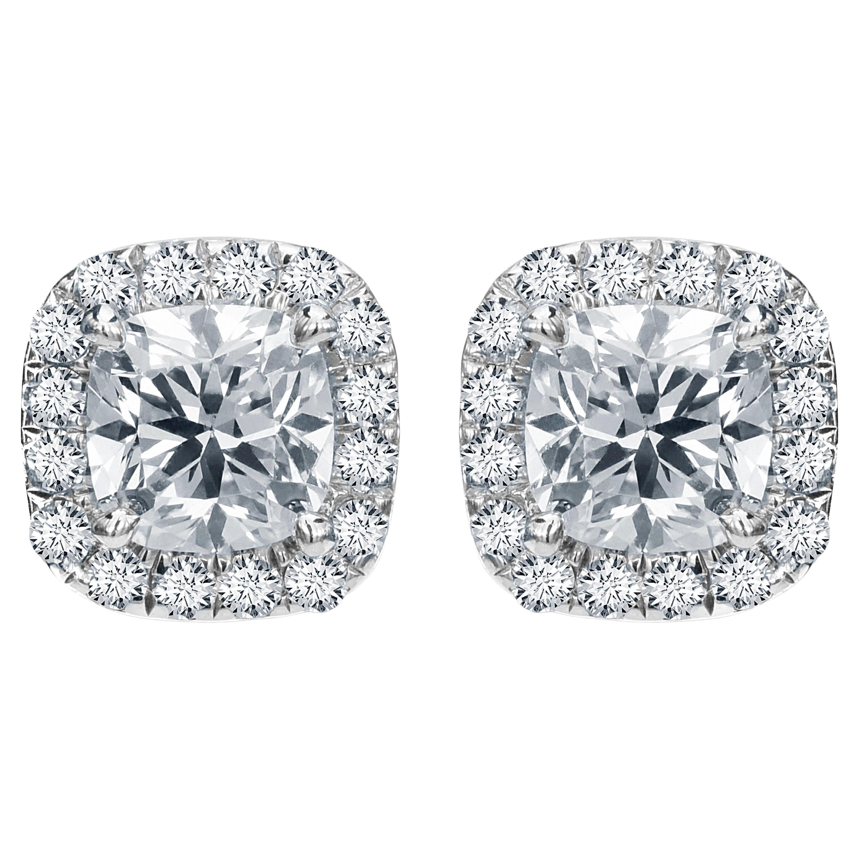 Diana M. Custom 14K Whtie Gold Cushion Stud Diamond For Sale