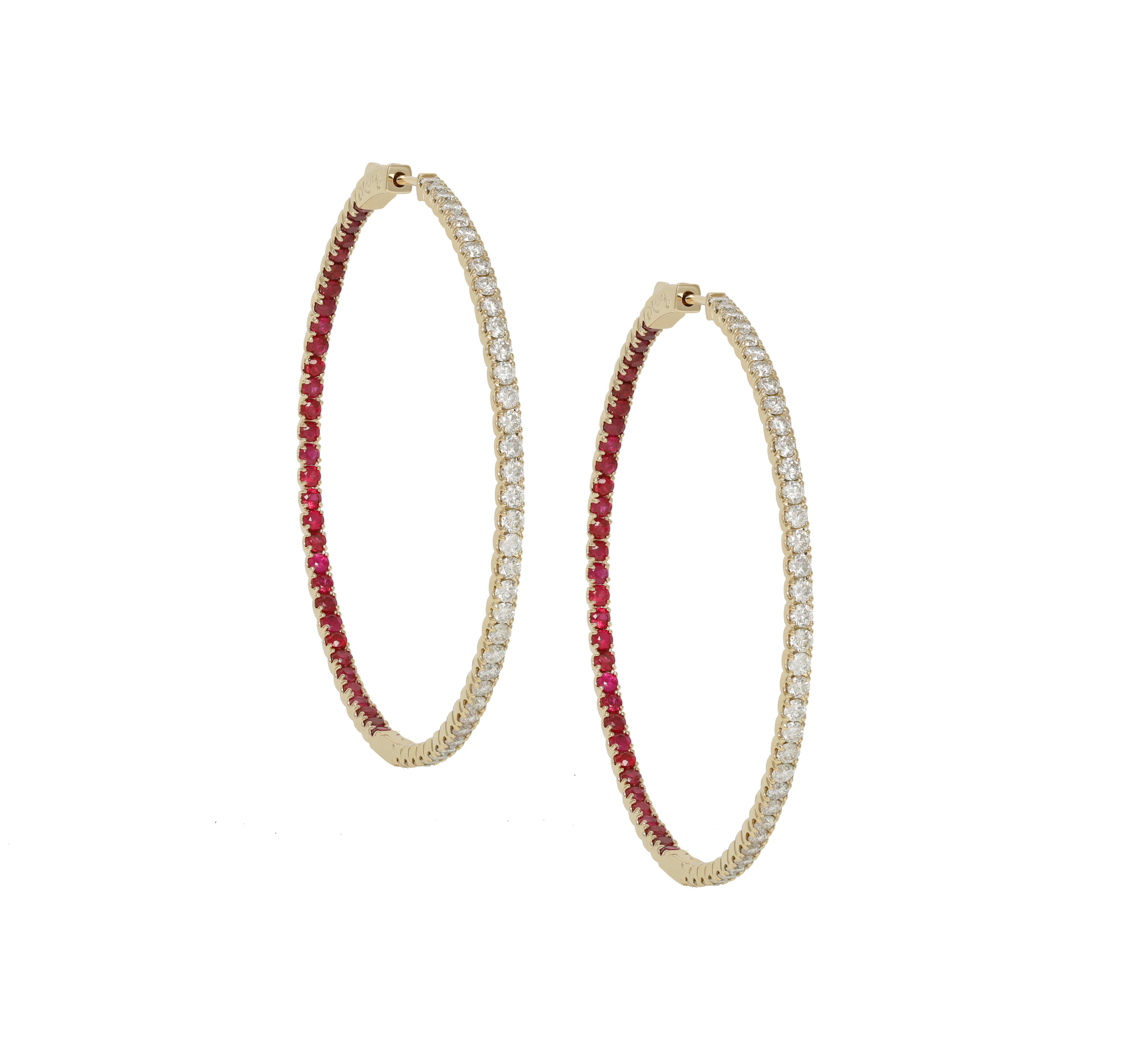 Round Cut Diana M. Custom 2.42 Cts. Diamond Ruby Hoop Earrings 14K Yellow Gold For Sale