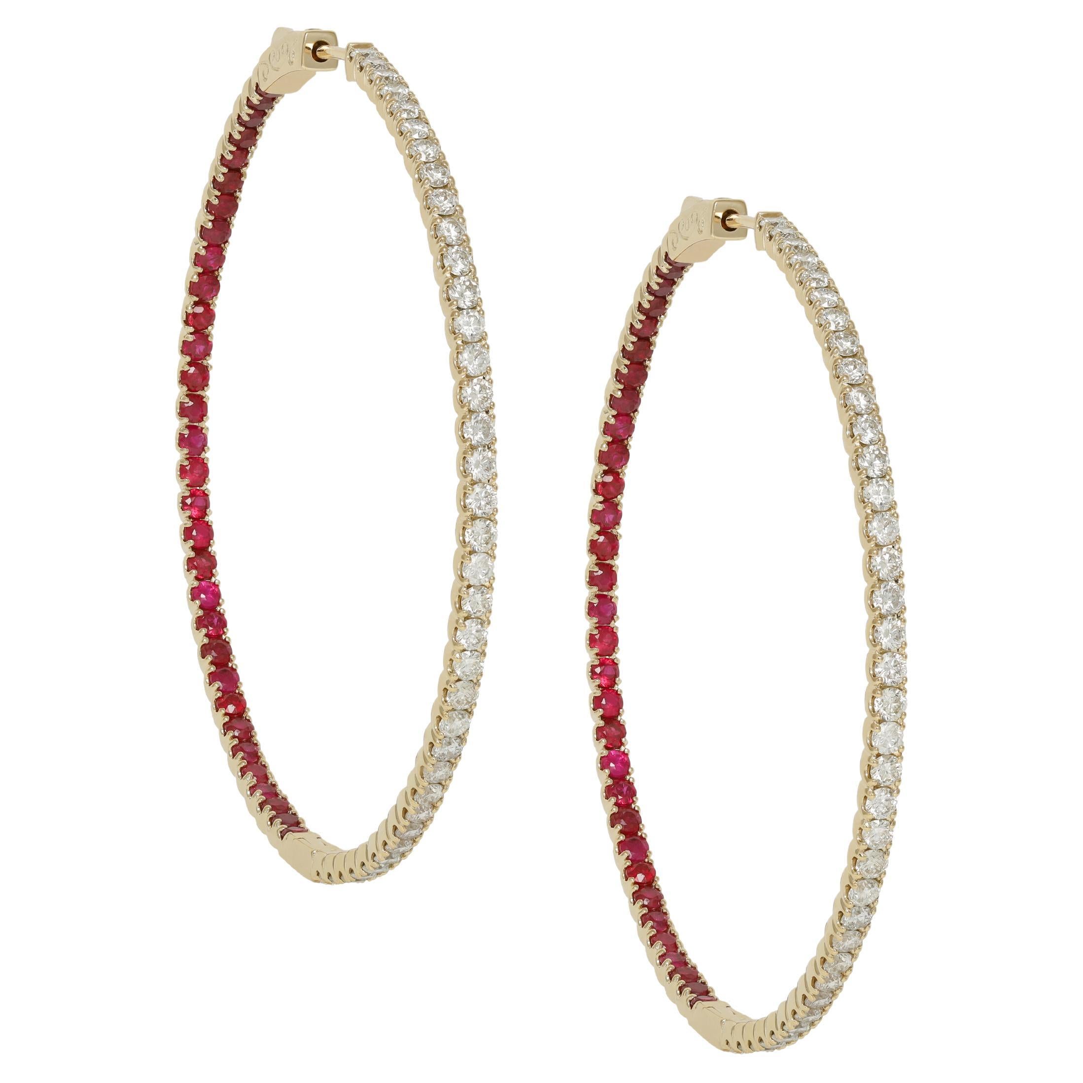 Diana M. Custom 2.42 Cts. Diamond Ruby Hoop Earrings 14K Yellow Gold