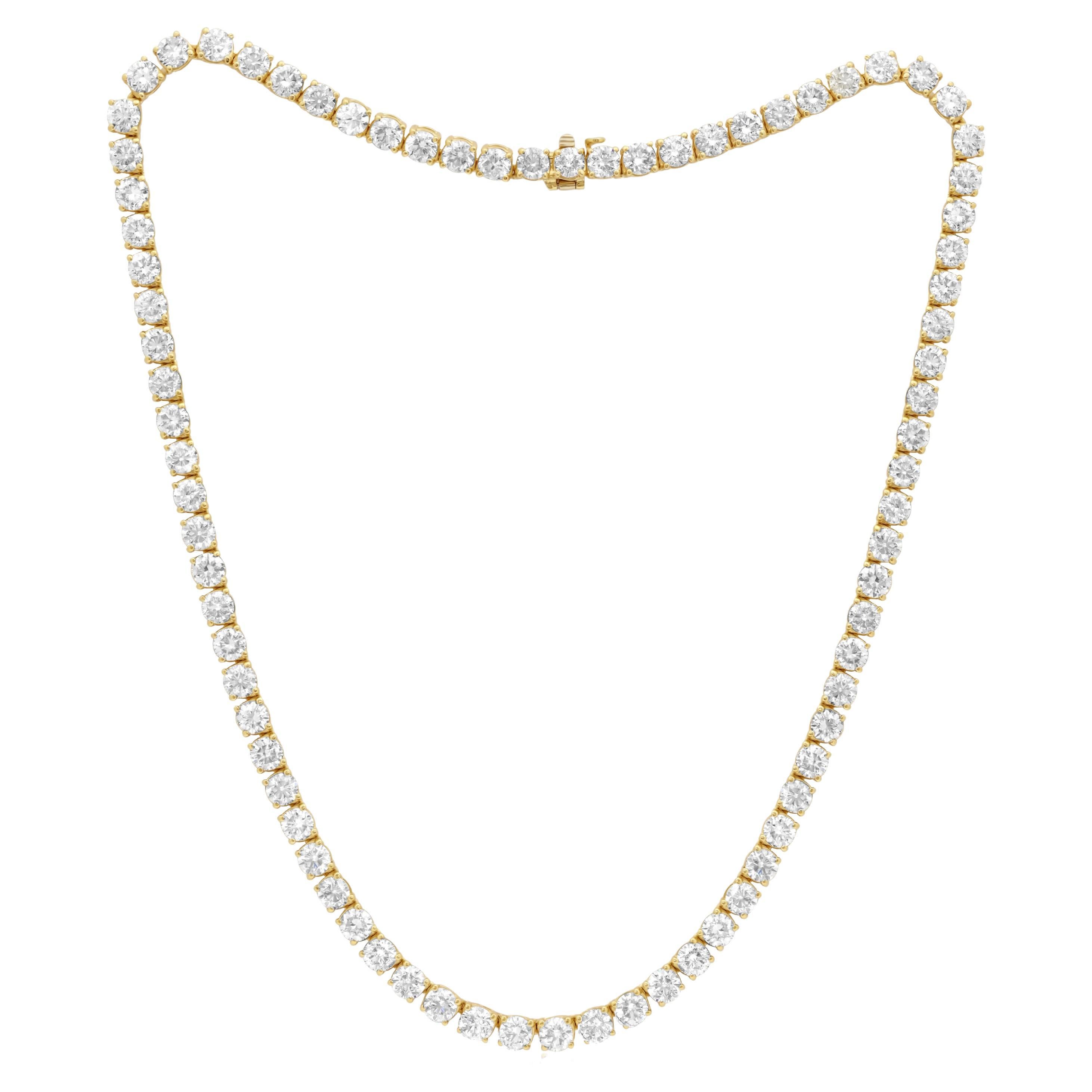 Diana M. Custom 31.50 Cts 4 Prong Round  Diamond 18k Yellow Gold Tennis Necklace For Sale
