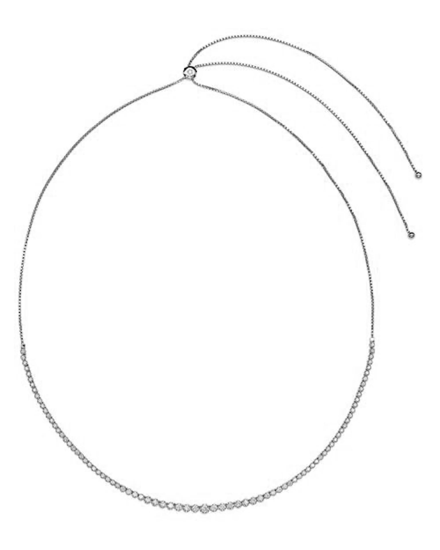 Custom 14k white gold graduated half way bolo tennis necklace featuring 3.50 cts round diamonds 3 prong setting 14-32