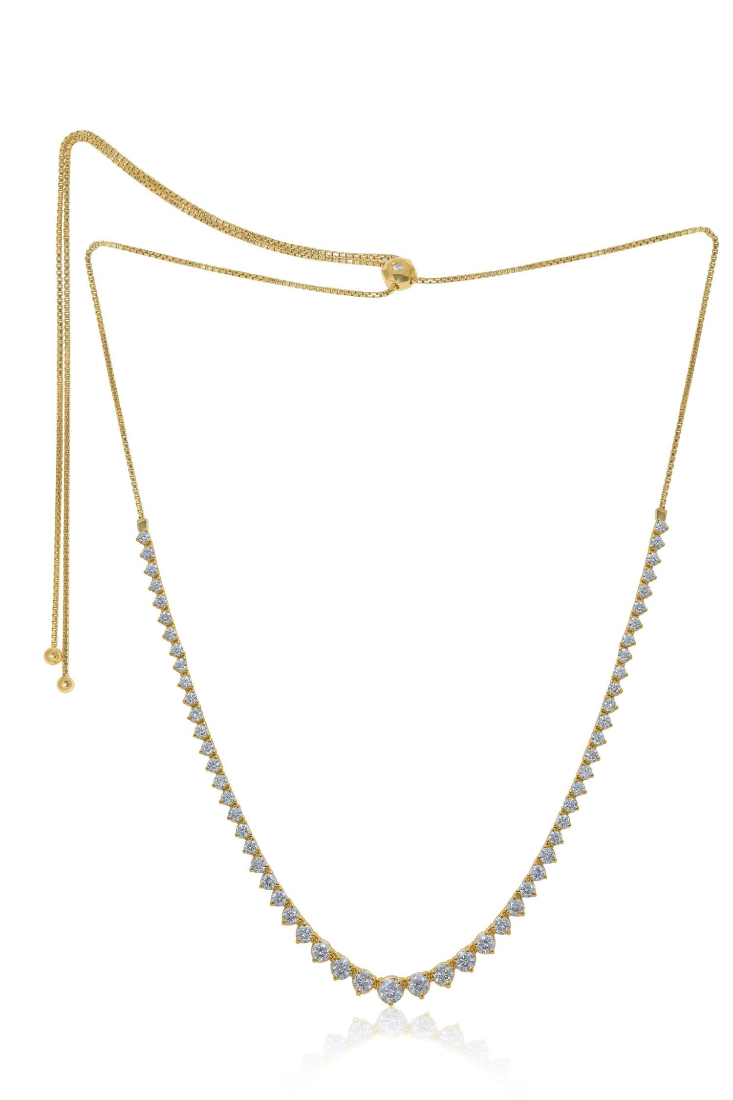 Custom 14k yellow gold graduated half way bolo tennis necklace featuring 3.50 cts round diamonds 3 prong setting 14-32