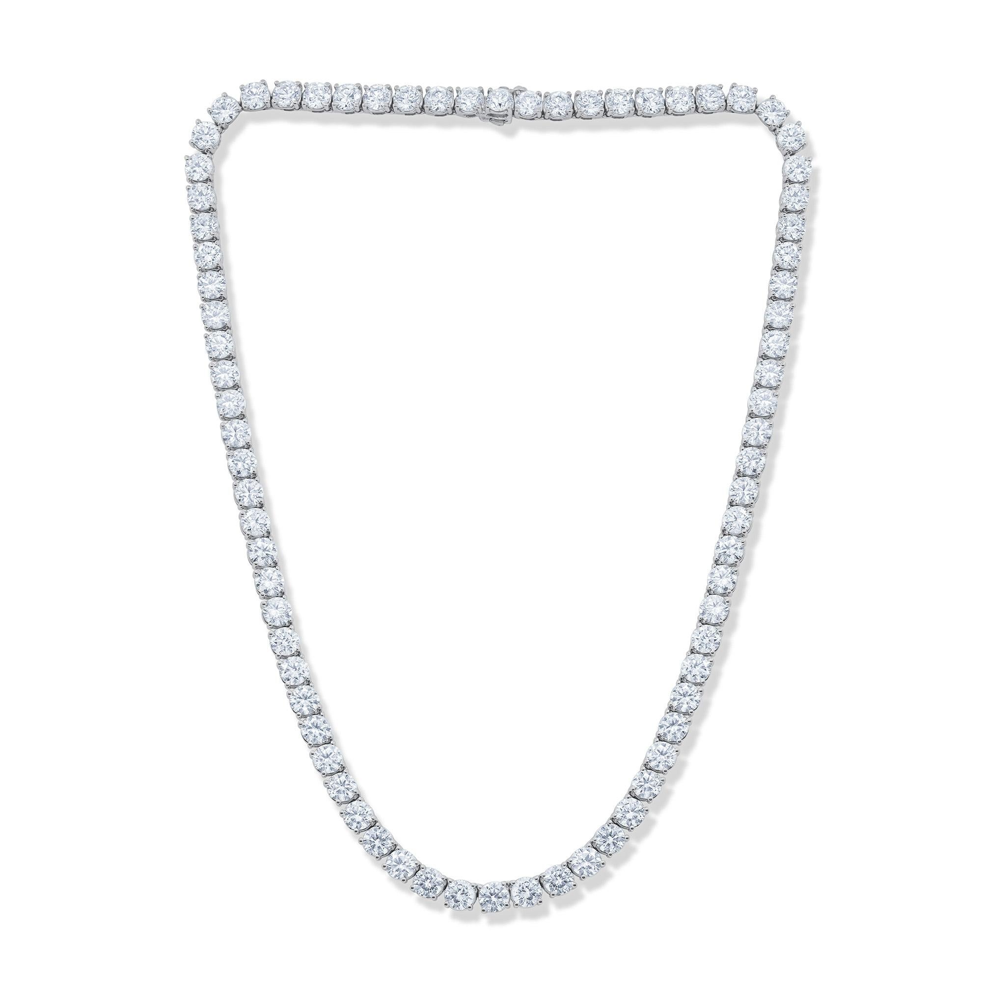 Modern Diana M. Custom 37.50 cts round 4 prong diamond 18k white gold tennis necklace  For Sale
