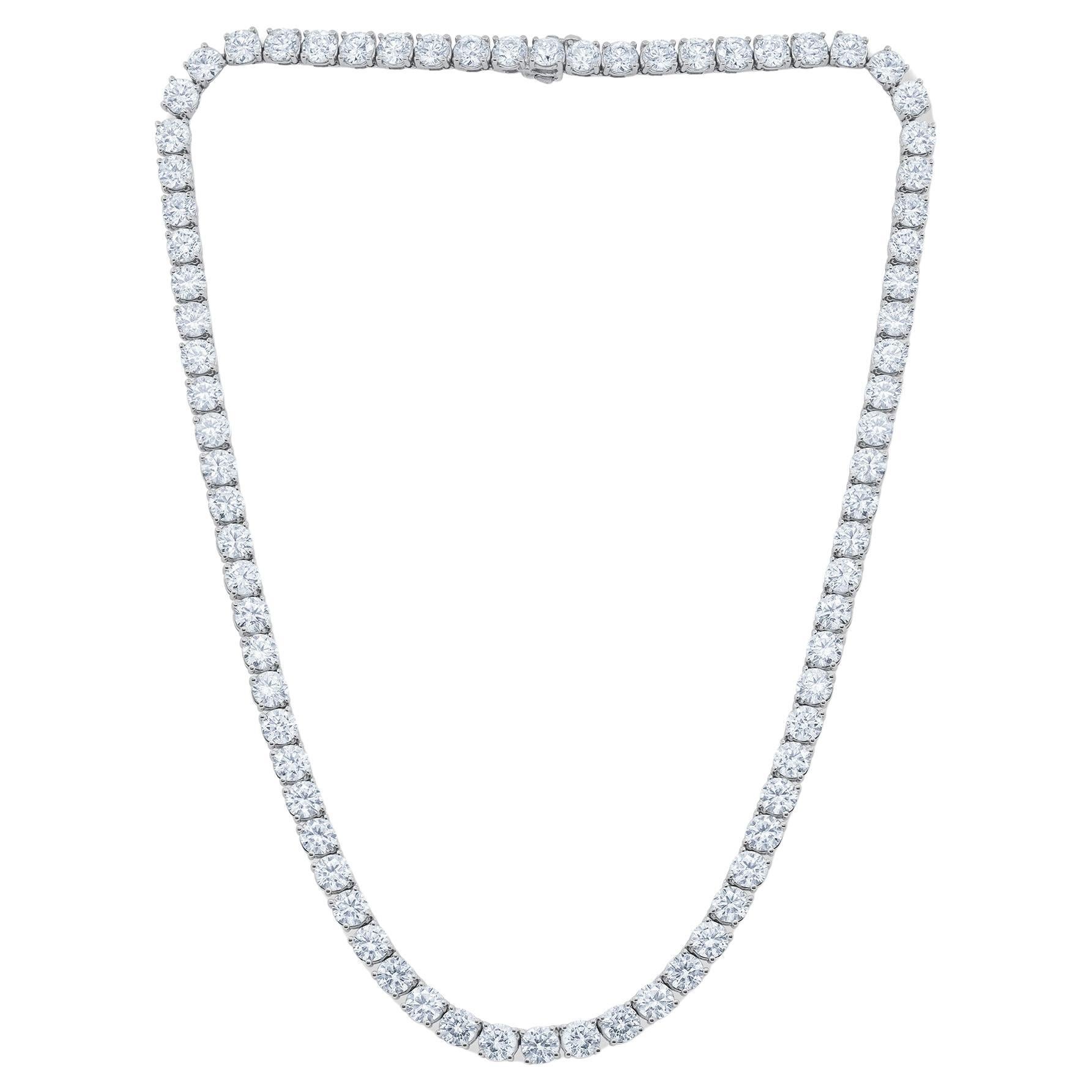 Diana M. Custom 37.50 cts round 4 prong diamond 18k white gold tennis necklace  For Sale