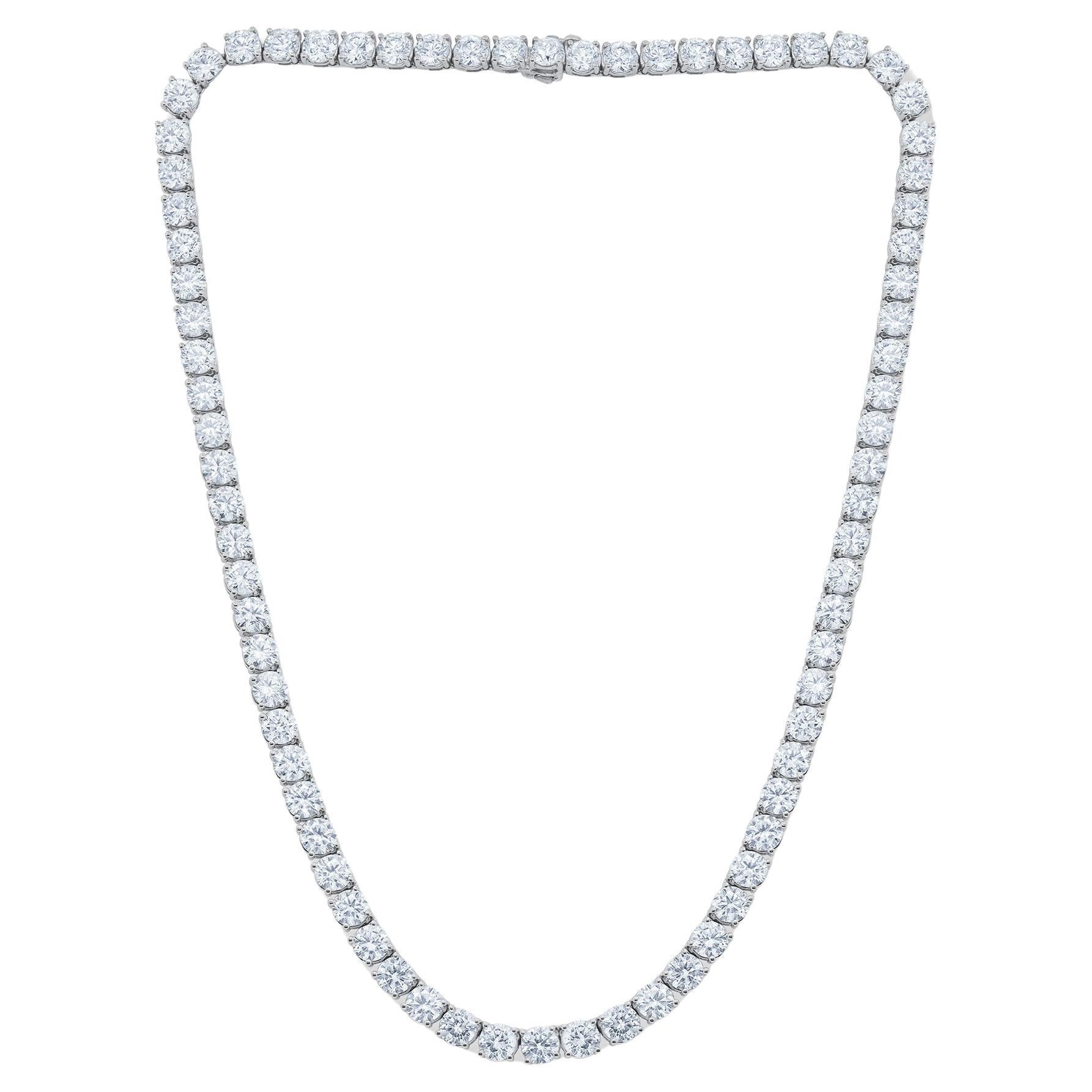 Diana M. Custom 37.50 cts round 4 prong diamond 18k white gold tennis necklace