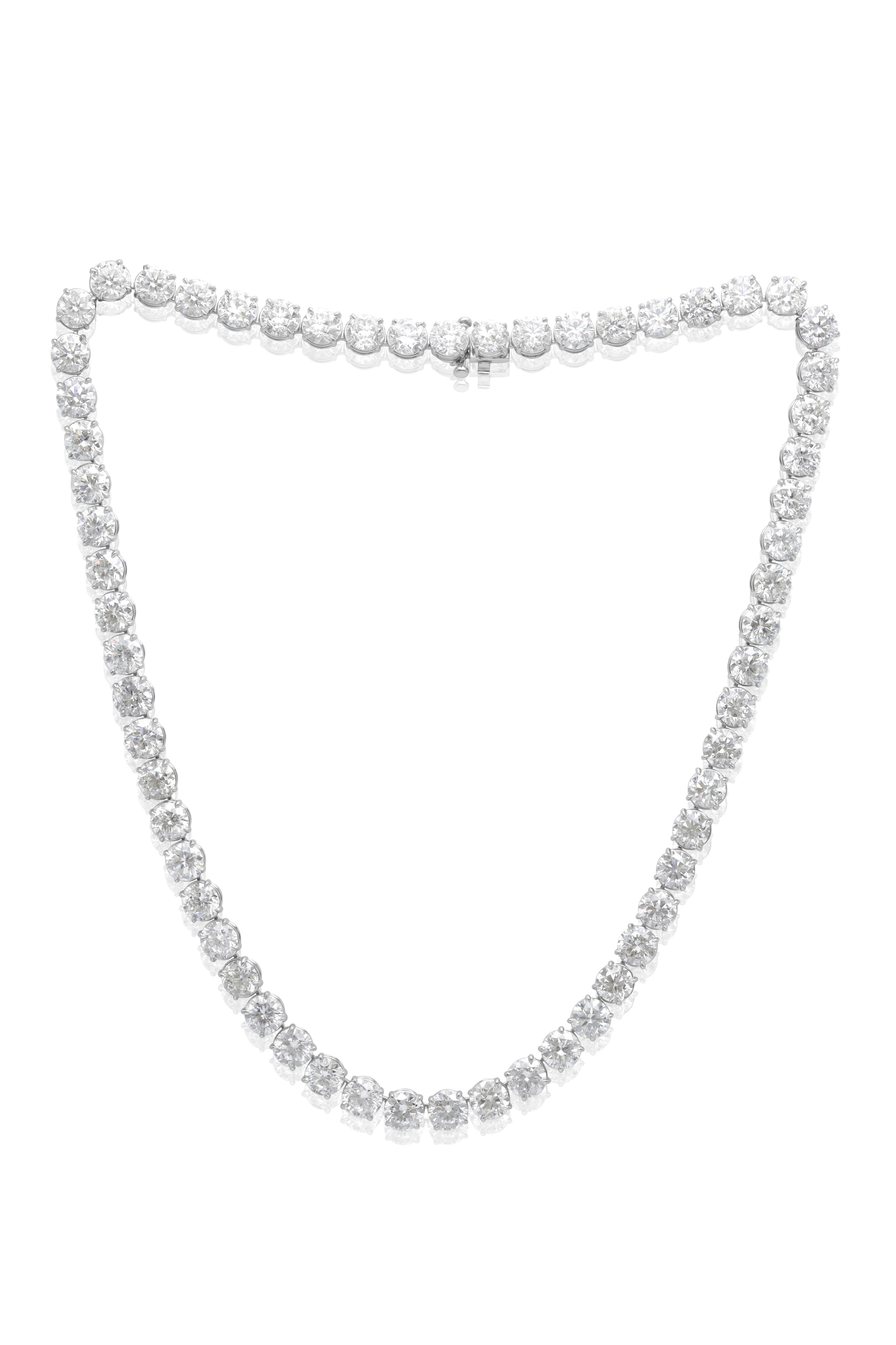 Round Cut Diana M. Custom 37.65 cts 4 Prong  Round Diamond 18k White Gold Tennis Necklace  For Sale