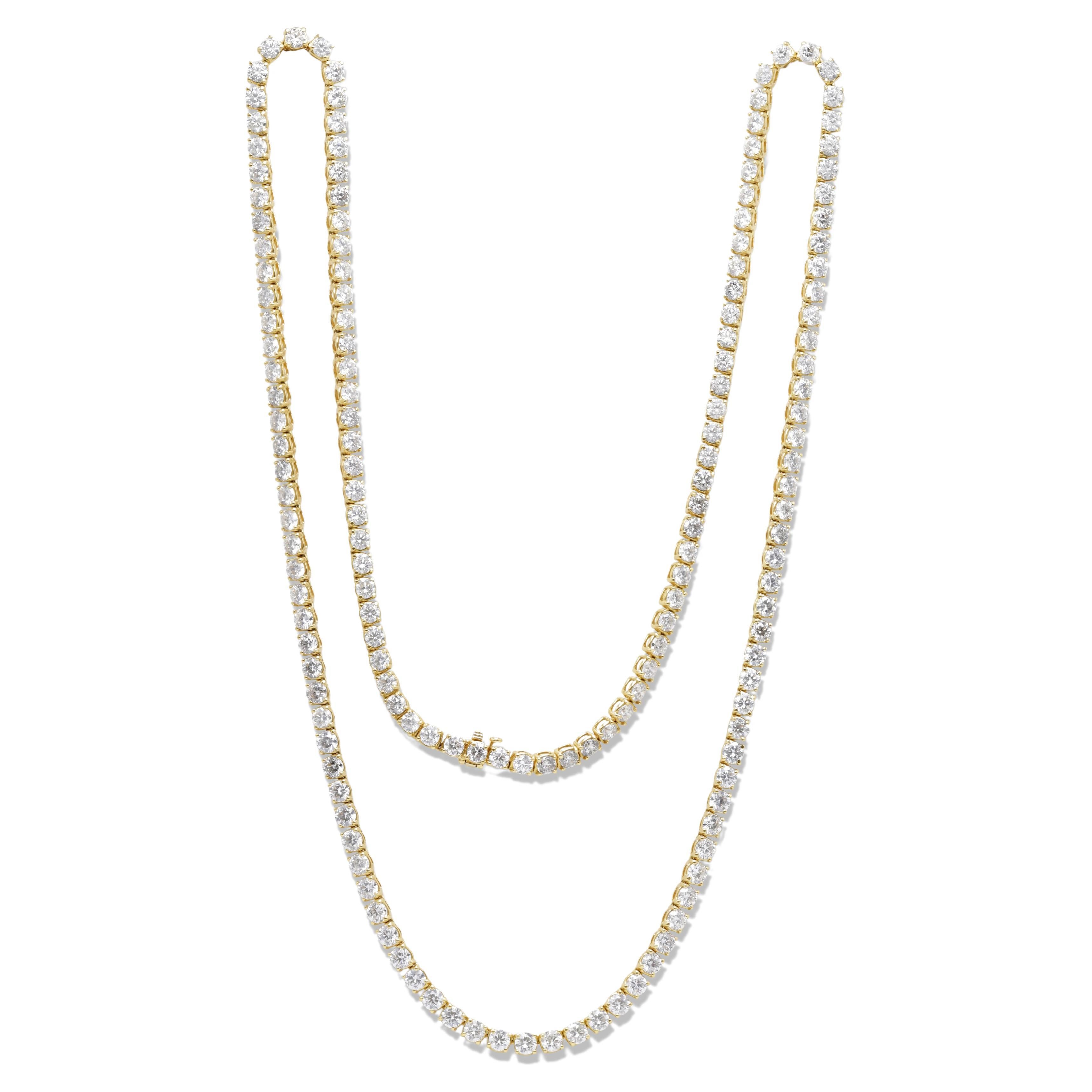 Diana M.  Custom 41.30 Cts 4 Prong Diamond 32" 18k Yellow Gold Tennis Necklace For Sale